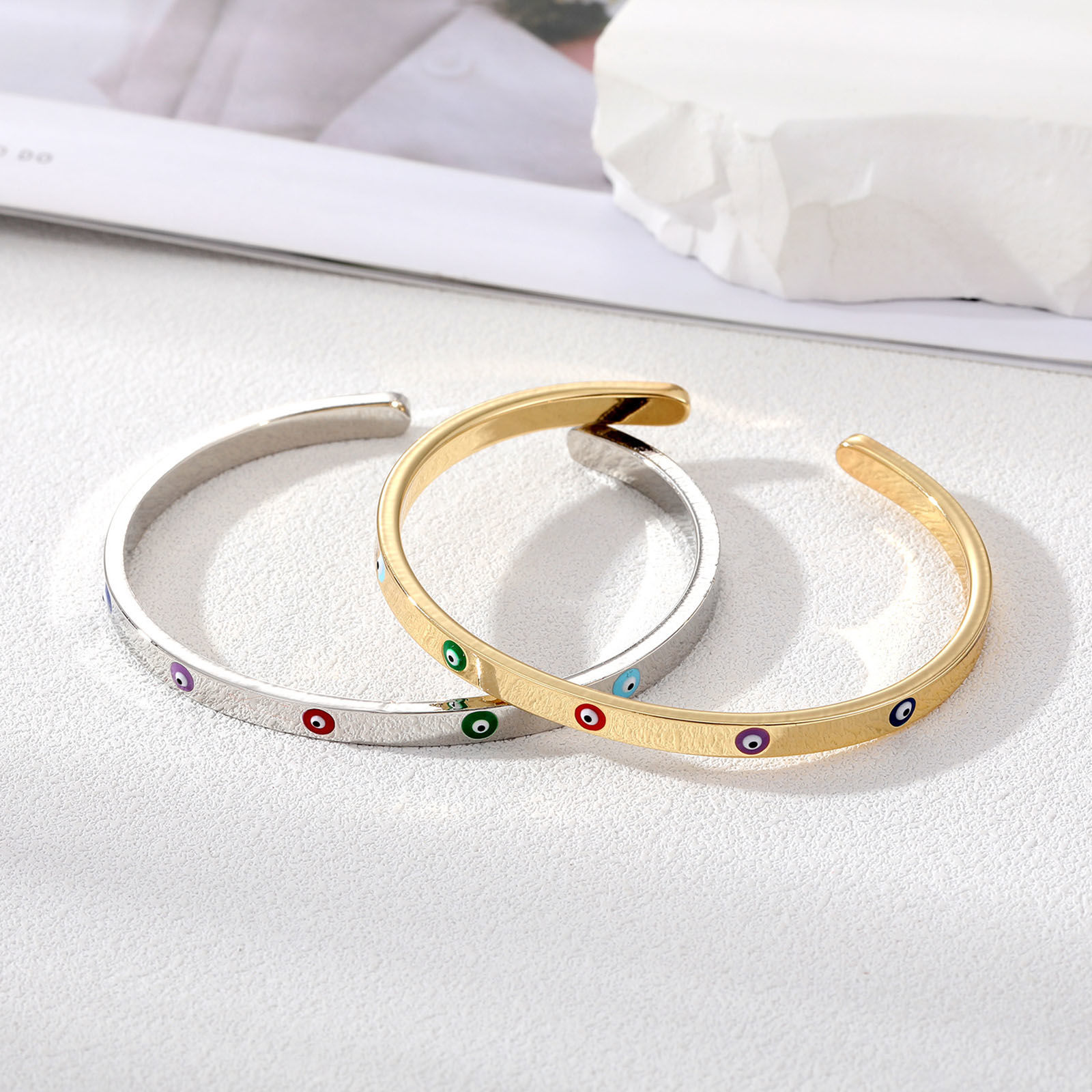Picture of Brass Stylish Open Cuff Bangles Bracelets Evil Eye Multicolor Enamel 6cm Dia.