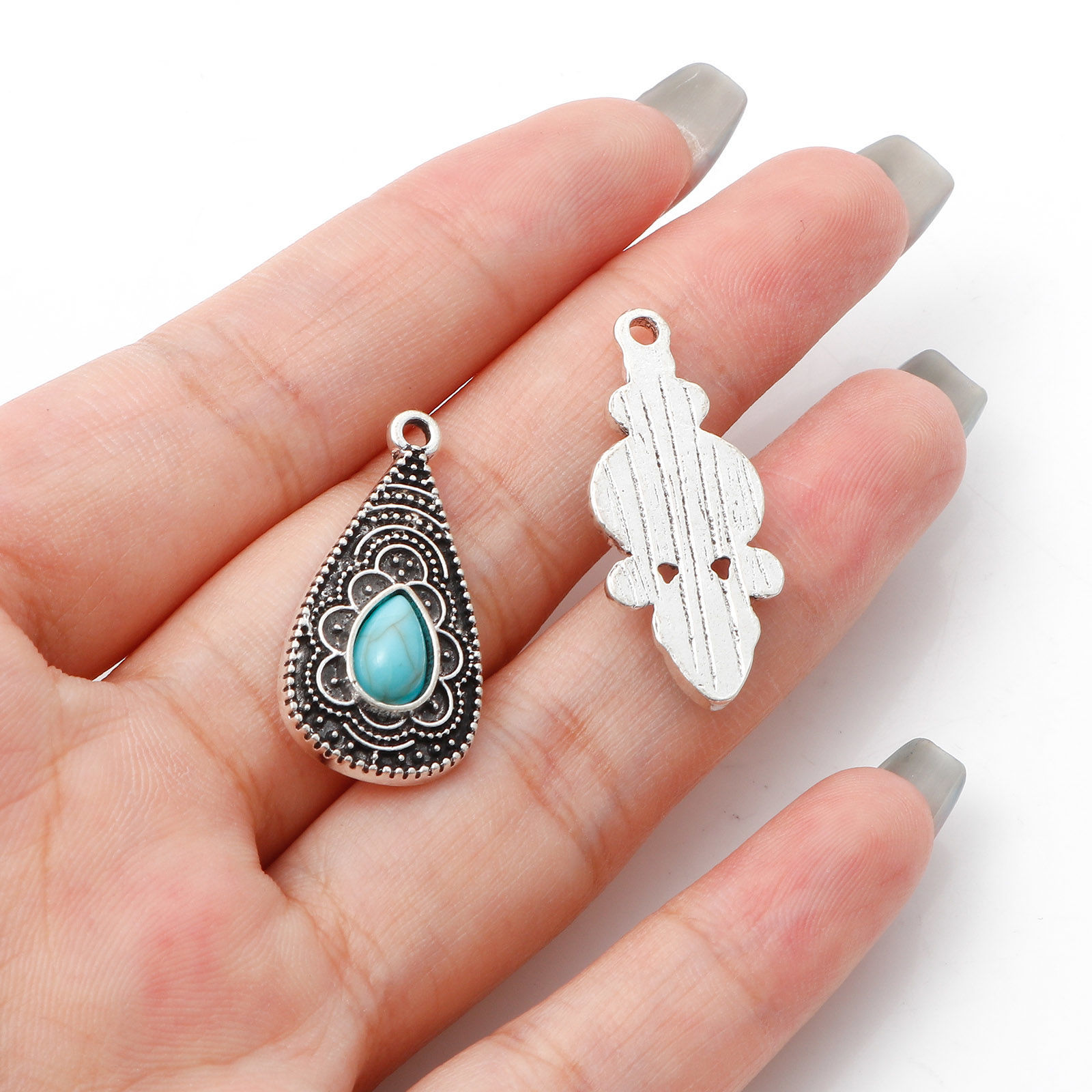 Picture of Zinc Based Alloy Boho Chic Bohemia Charms Antique Silver Color Carved Pattern With Resin Cabochons Imitation Turquoise