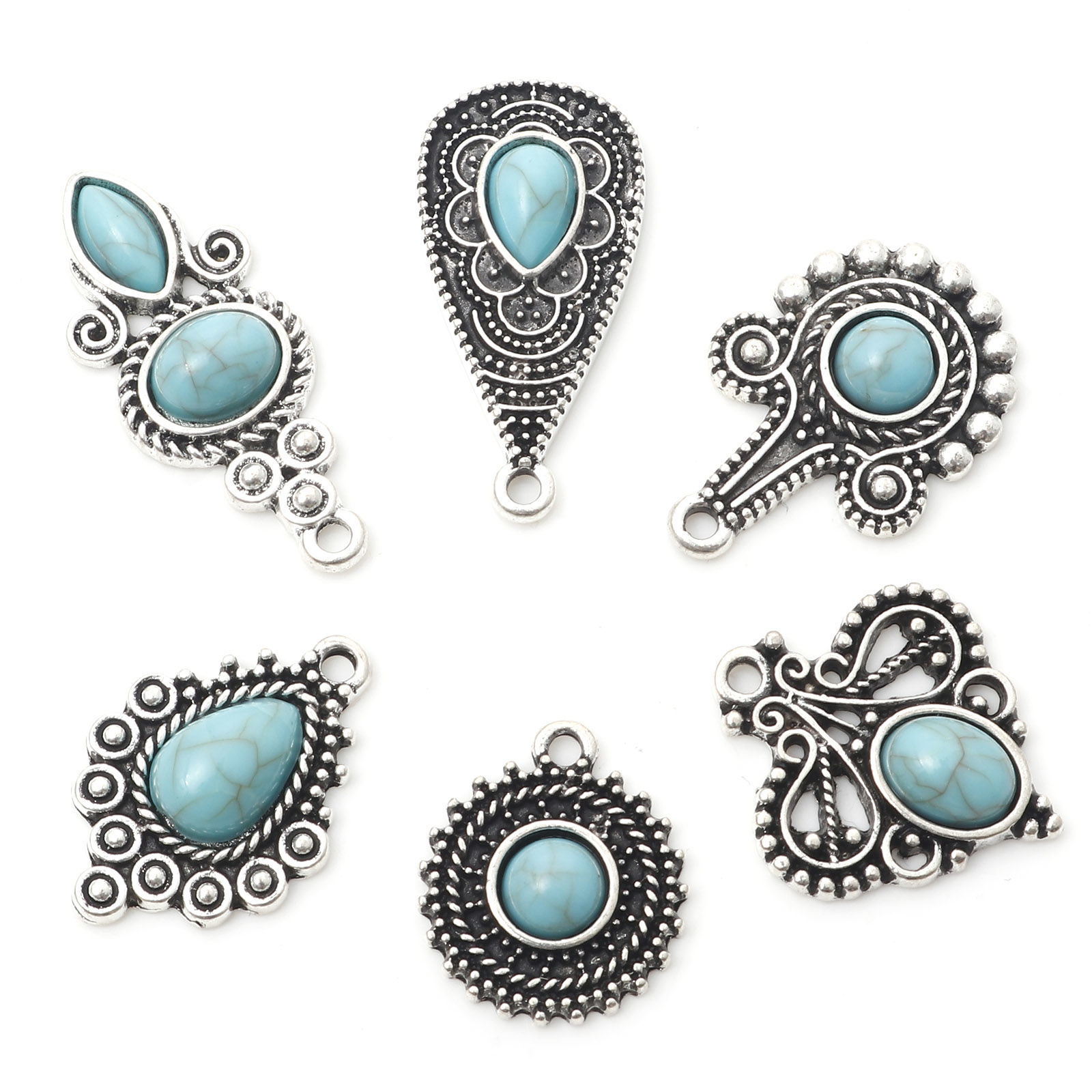 Picture of Zinc Based Alloy Boho Chic Bohemia Charms Antique Silver Color Carved Pattern With Resin Cabochons Imitation Turquoise