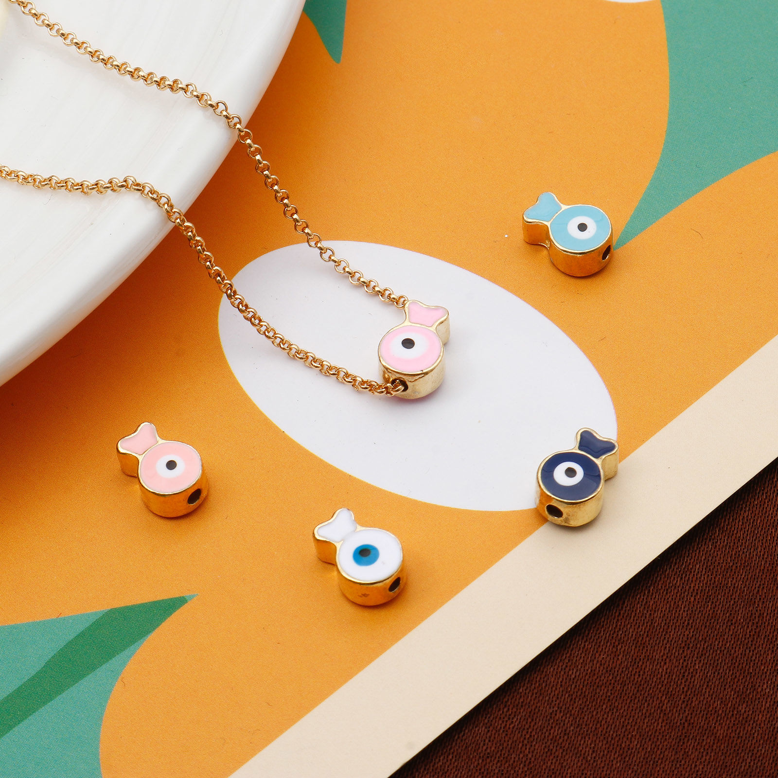 Imagen de Zamak Religión Cuentas Chapado en Oro Multicolor Pez Mal de ojo Esmalte Aprox 10mm x 7mm, Agujero: Aprox 1.6mm, 10 Unidades
