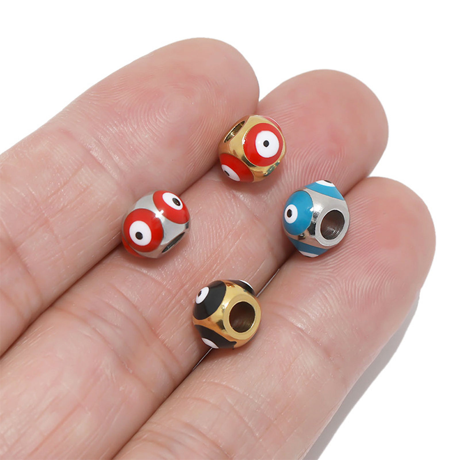 Picture of 304 Stainless Steel Religious Beads Round Multicolor Evil Eye Enamel 8mm x 6mm