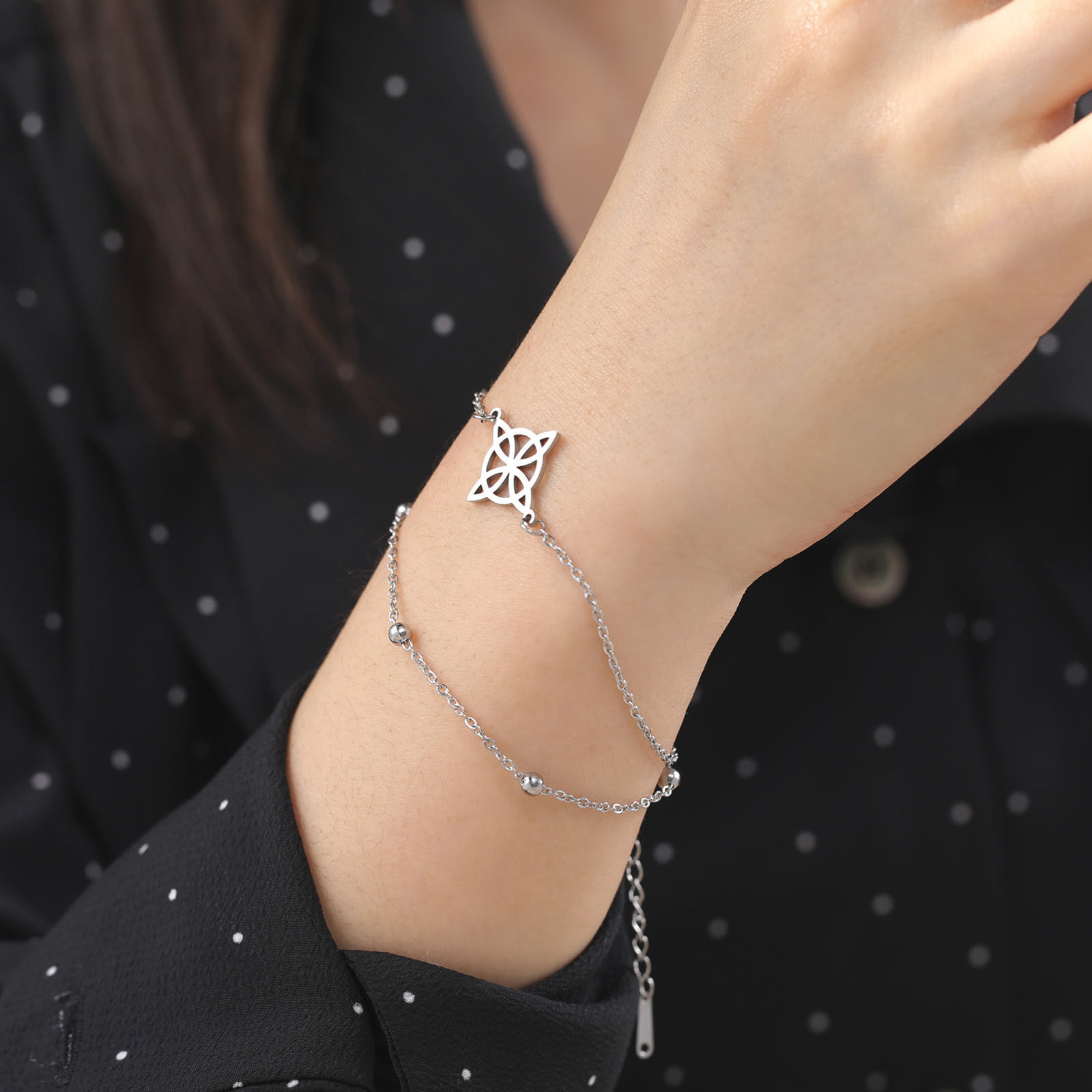 Picture of 304 Stainless Steel Link Cable Chain Multilayer Layered Bracelet Multicolor Flower Hollow 17cm(6 6/8") long