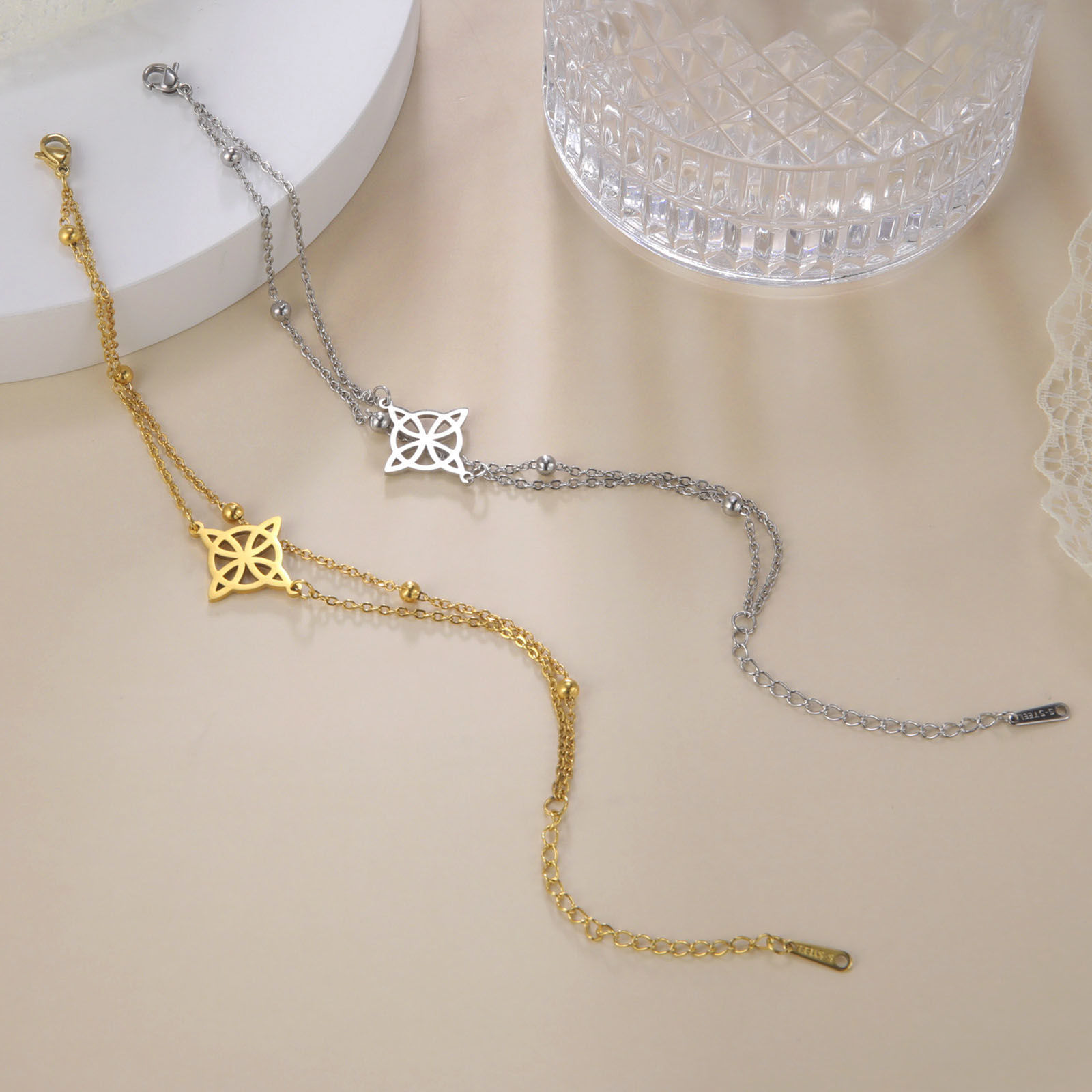 Picture of 304 Stainless Steel Link Cable Chain Multilayer Layered Bracelet Multicolor Flower Hollow 17cm(6 6/8") long