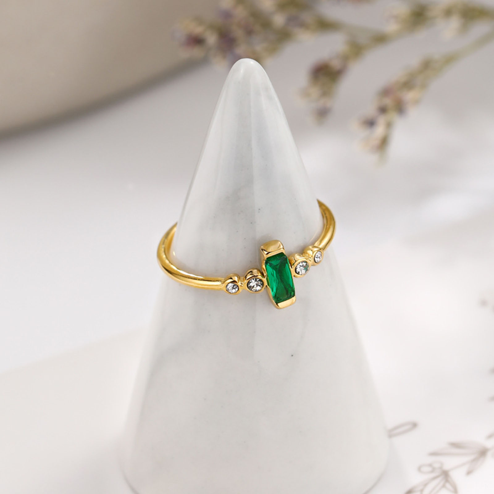 Изображение Экологичный Изысканный Свой Камень 14K Реальный Позолоченные 304 Нержавеющая Сталь & Циркон Открытые Регулируемые Прямоугольник Кольца Для женщин 1 ШТ