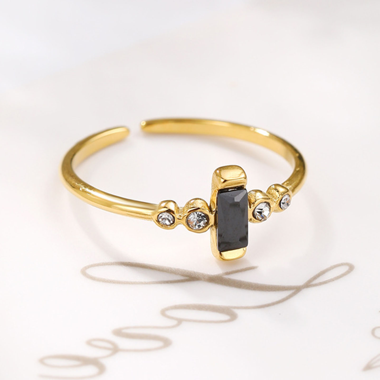 Изображение Экологичный Изысканный Свой Камень 14K Реальный Позолоченные 304 Нержавеющая Сталь & Циркон Открытые Регулируемые Прямоугольник Кольца Для женщин 1 ШТ