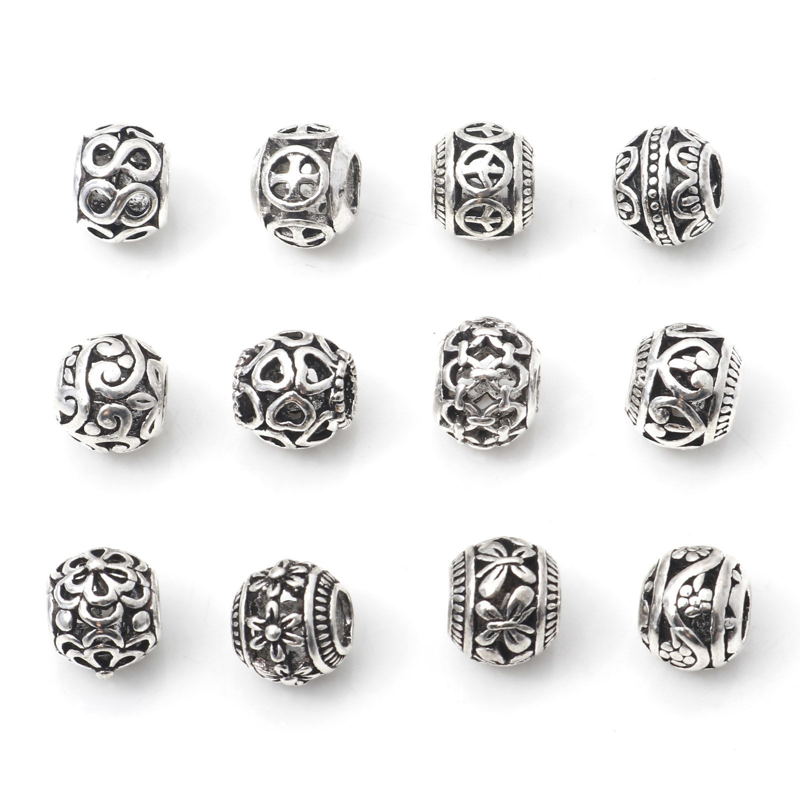 Picture of Zinc Based Alloy European Style Large Hole Charm Beads Antique Silver Color Drum Heart Hollow 10mm x 10mm