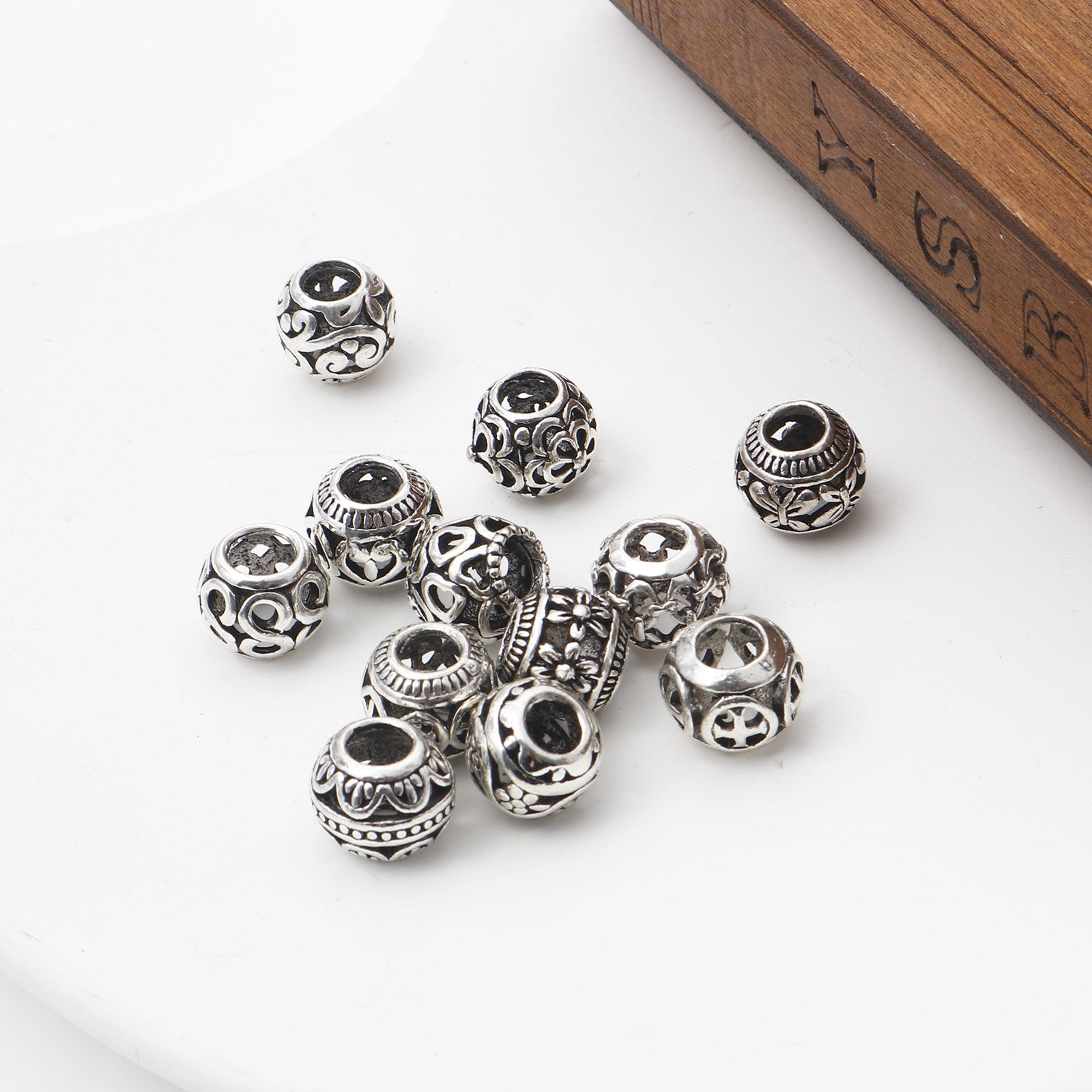 Picture of Zinc Based Alloy European Style Large Hole Charm Beads Antique Silver Color Drum Heart Hollow 10mm x 10mm
