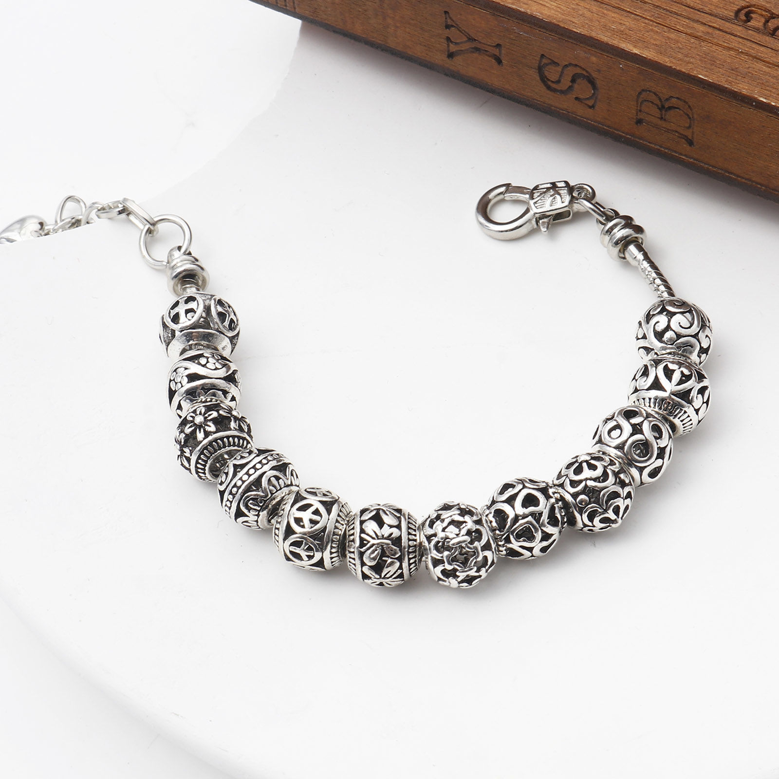 Picture of Zinc Based Alloy European Style Large Hole Charm Beads Antique Silver Color Drum Heart Hollow 10mm x 10mm