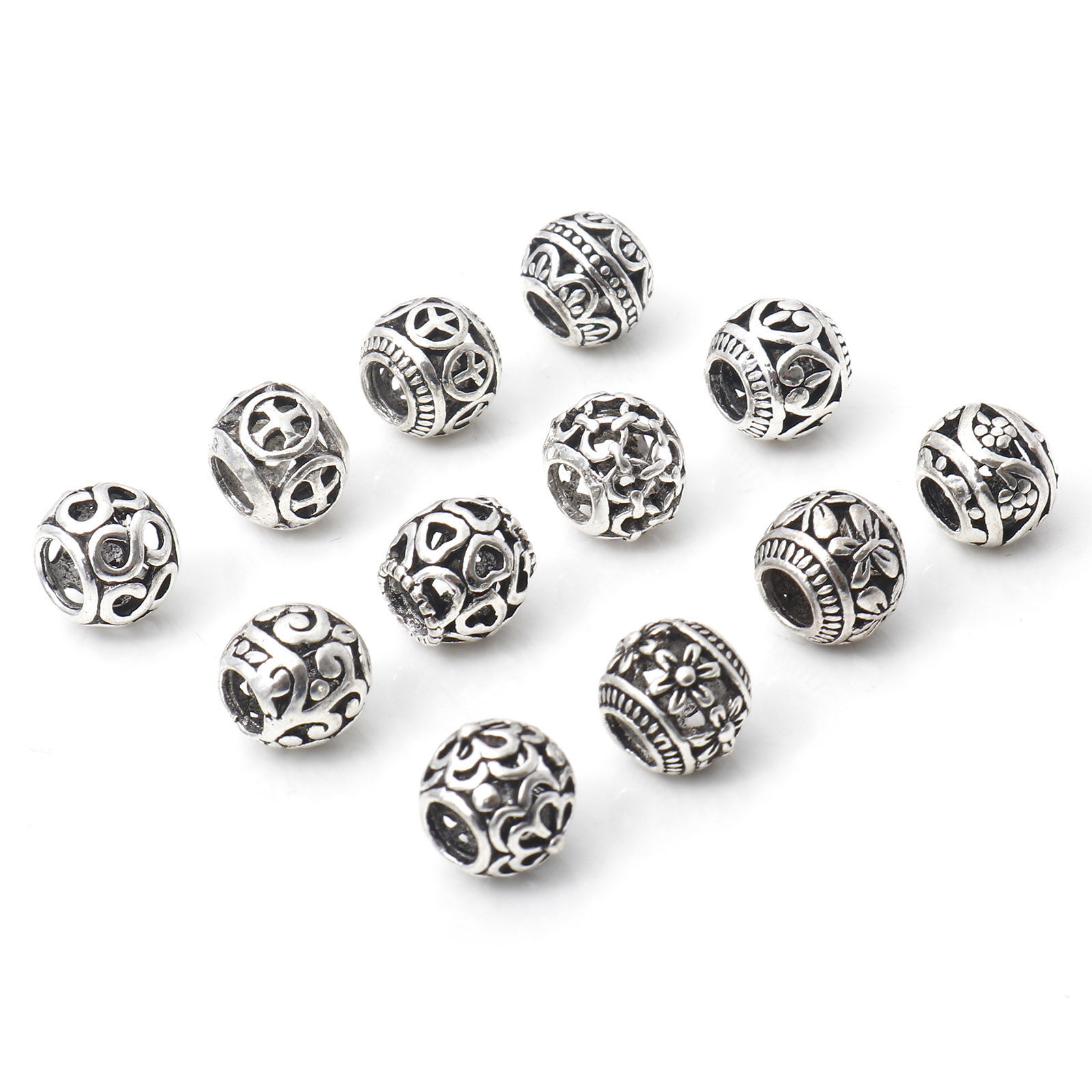 Picture of Zinc Based Alloy European Style Large Hole Charm Beads Antique Silver Color Drum Heart Hollow 10mm x 10mm