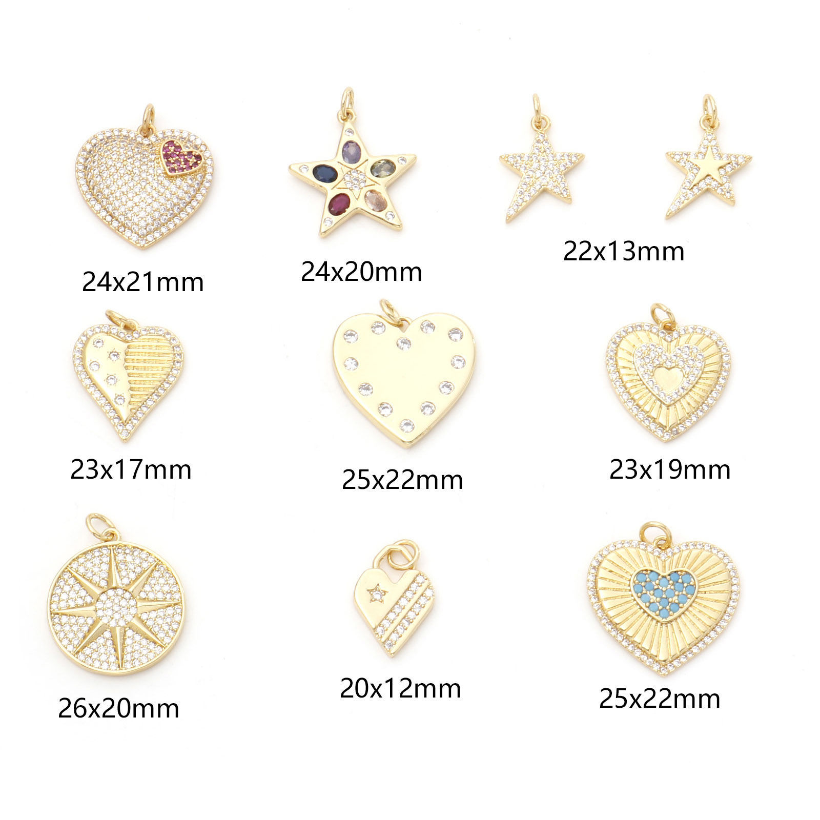 Picture of Brass Charms Gold Plated Heart Star Micro Pave Multicolour Cubic Zirconia