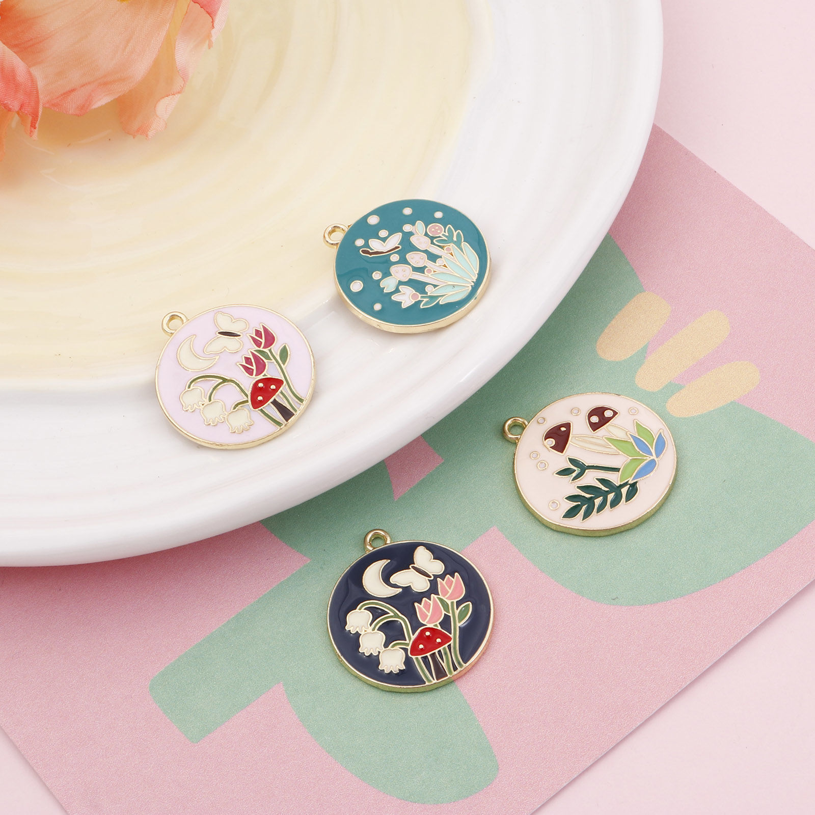 Picture of Zinc Based Alloy Charms Gold Plated Multicolor Round Disc Flower Mushroom Enamel 28mm x 25mm