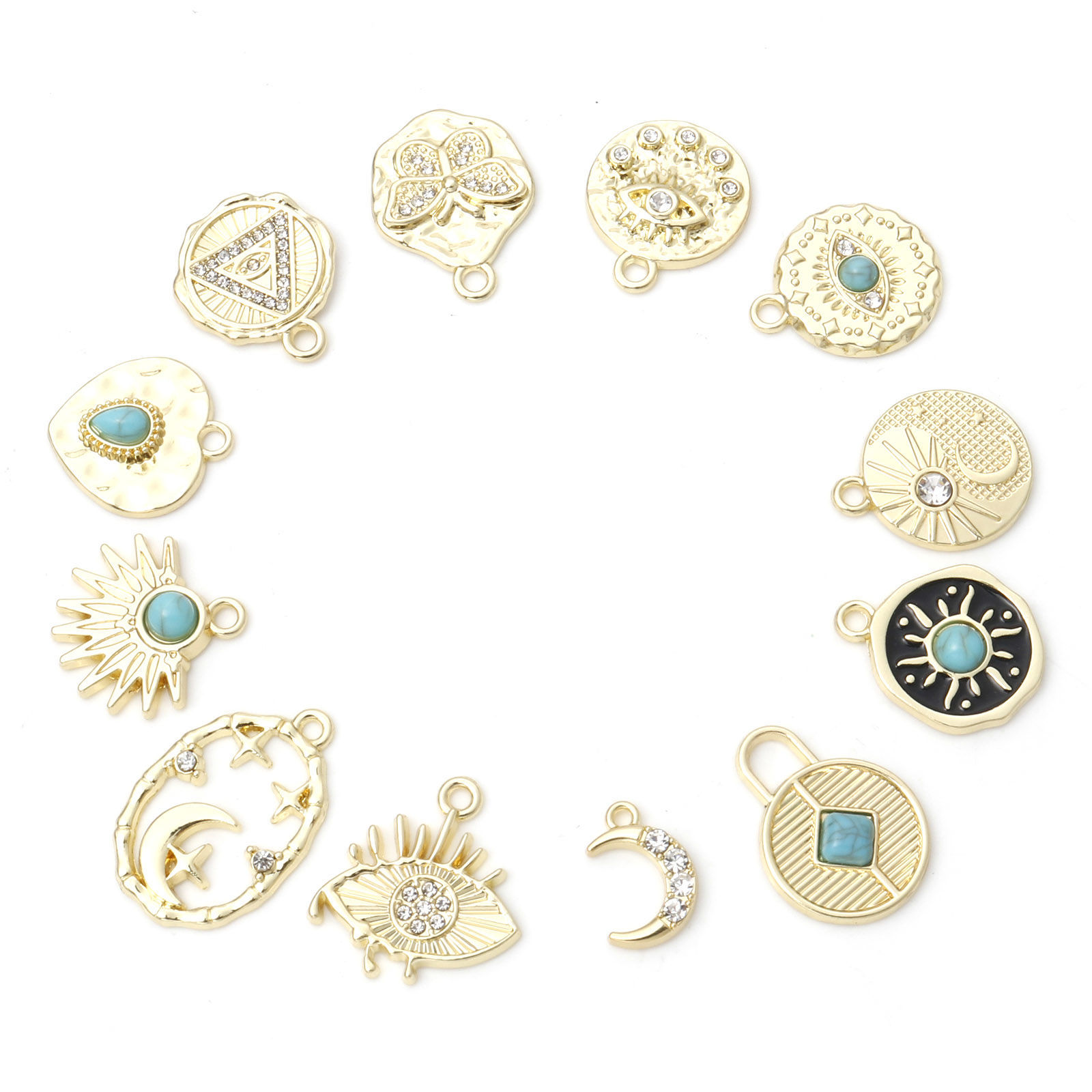 Immagine di Lega di Zinco Stile Bohemien Charms Occhi Oro Placcato Multicolore Luna 10 Pz