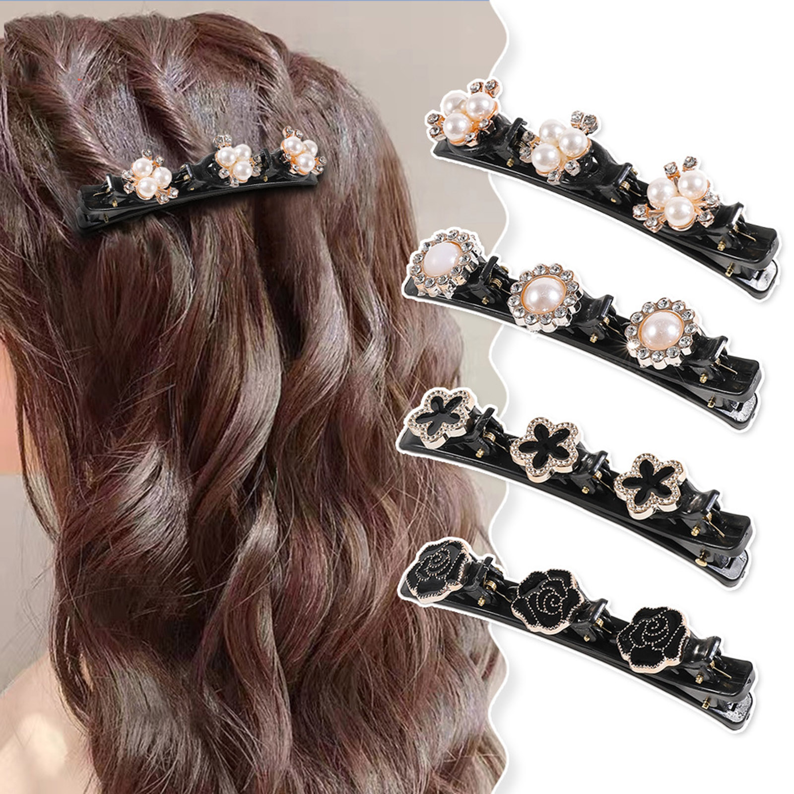 Picture of Resin Braided Hair Clips Black Flower Multicolor Rhinestone