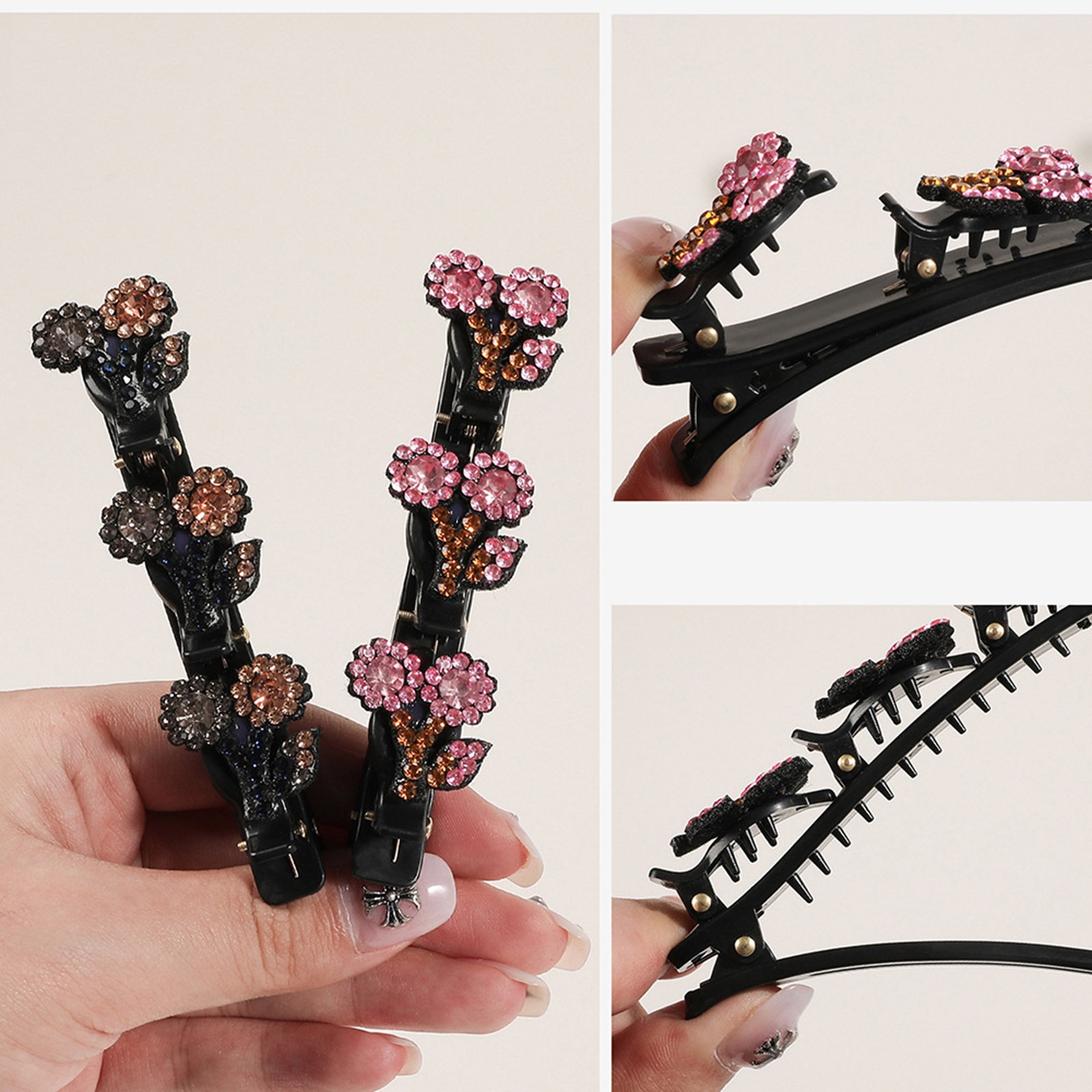 Picture of Resin Braided Hair Clips Black Flower Multicolor Rhinestone
