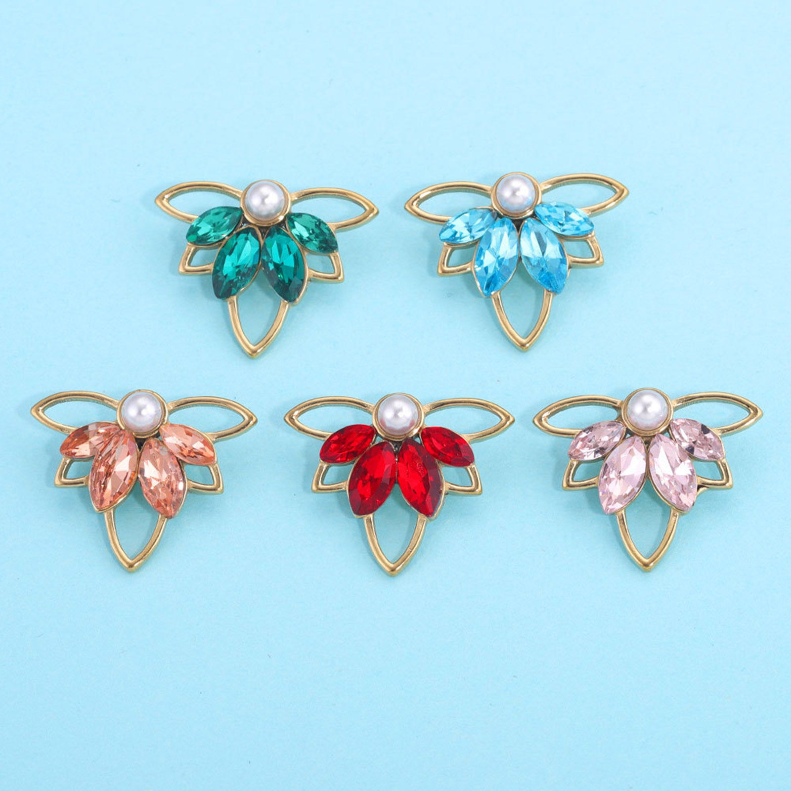 Picture of 304 Stainless Steel Charms Gold Plated Maple Leaf Multicolor Rhinestone 22mm x 17.5mm