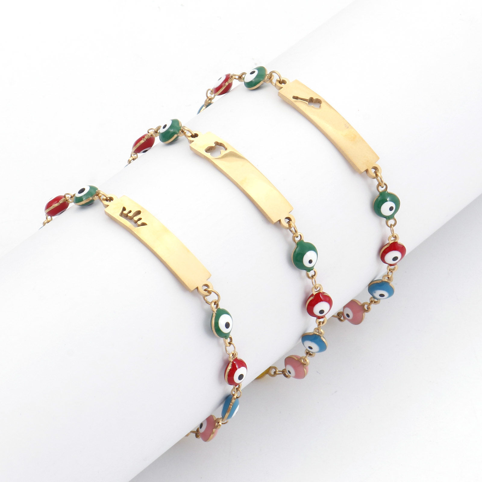 Picture of 304 Stainless Steel Religious Bracelets Gold Plated Rectangle Evil Eye Enamel 17cm(6 6/8") long