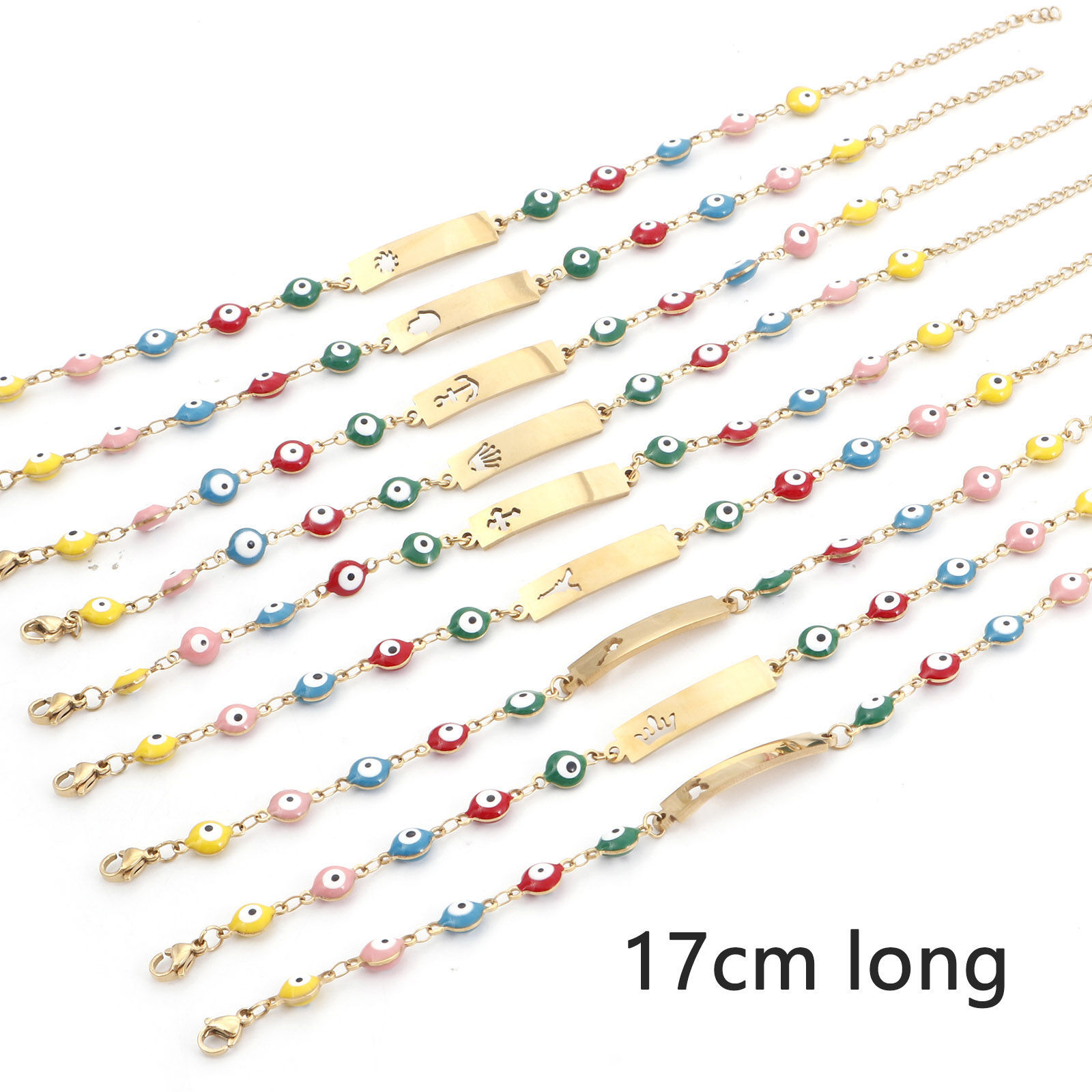 Picture of 304 Stainless Steel Religious Bracelets Gold Plated Rectangle Evil Eye Enamel 17cm(6 6/8") long