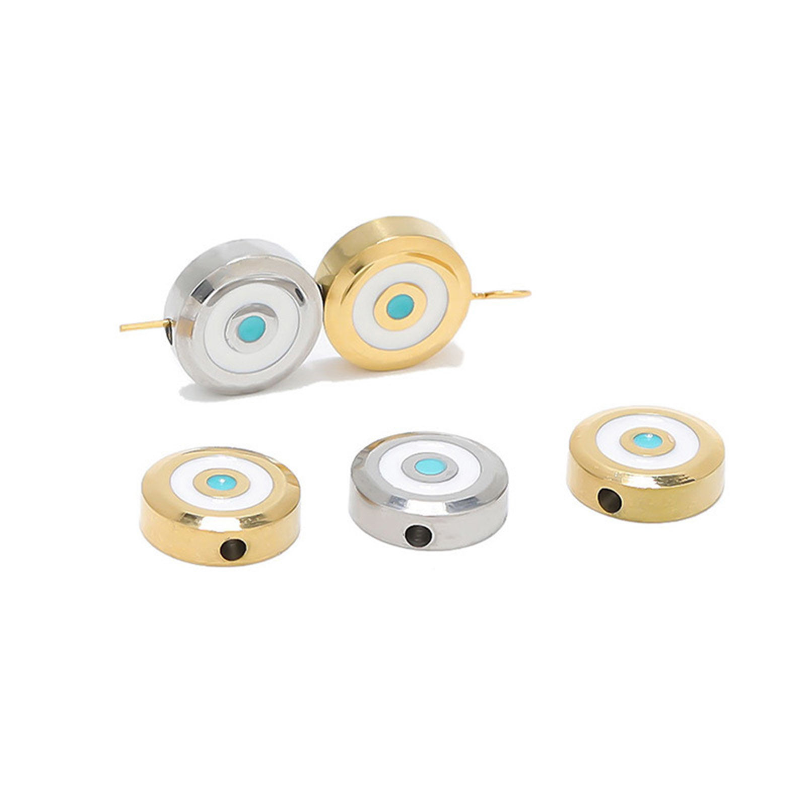 Picture of 304 Stainless Steel Beads Flat Round White & Blue Evil Eye Enamel 11mm Dia.