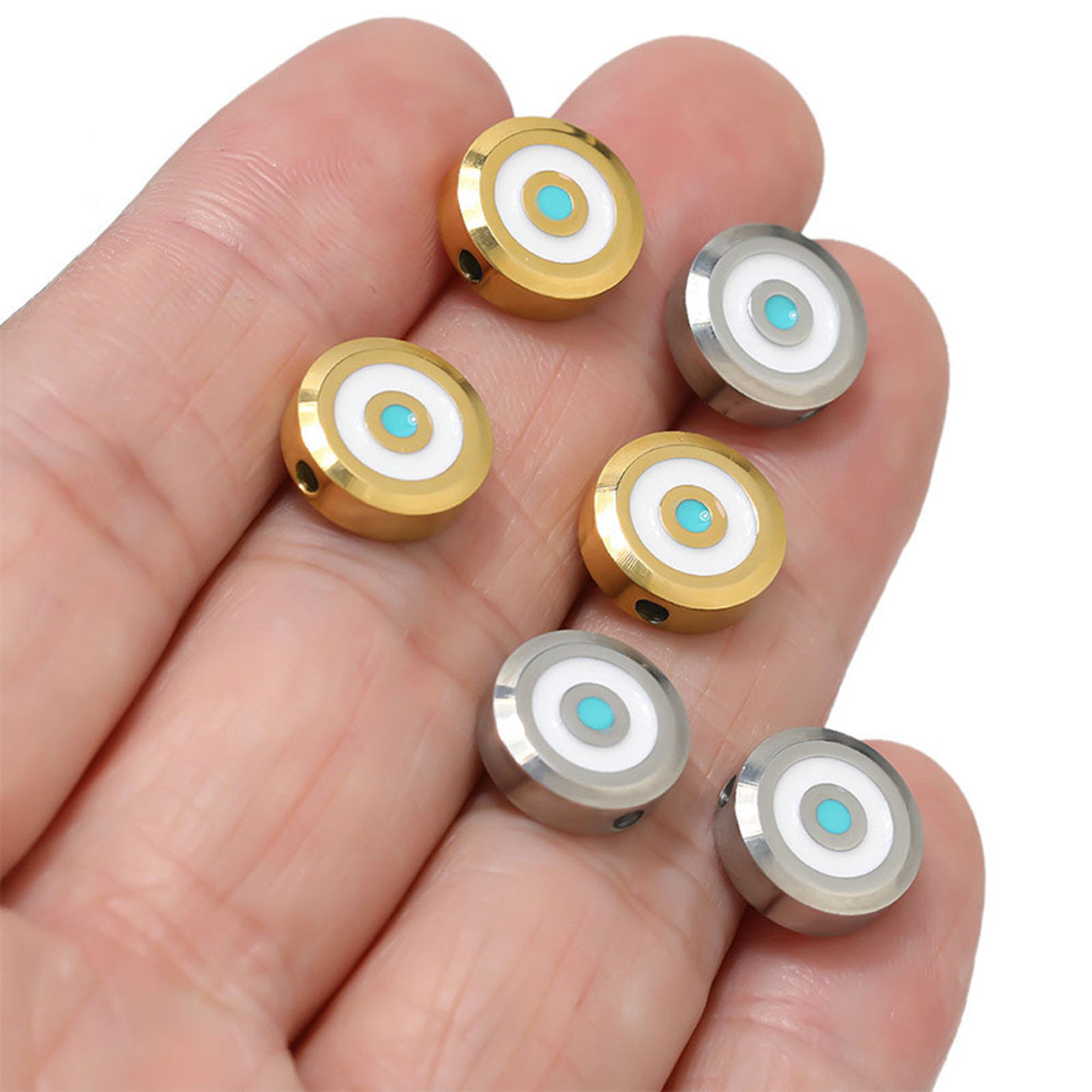 Picture of 304 Stainless Steel Beads Flat Round White & Blue Evil Eye Enamel 11mm Dia.