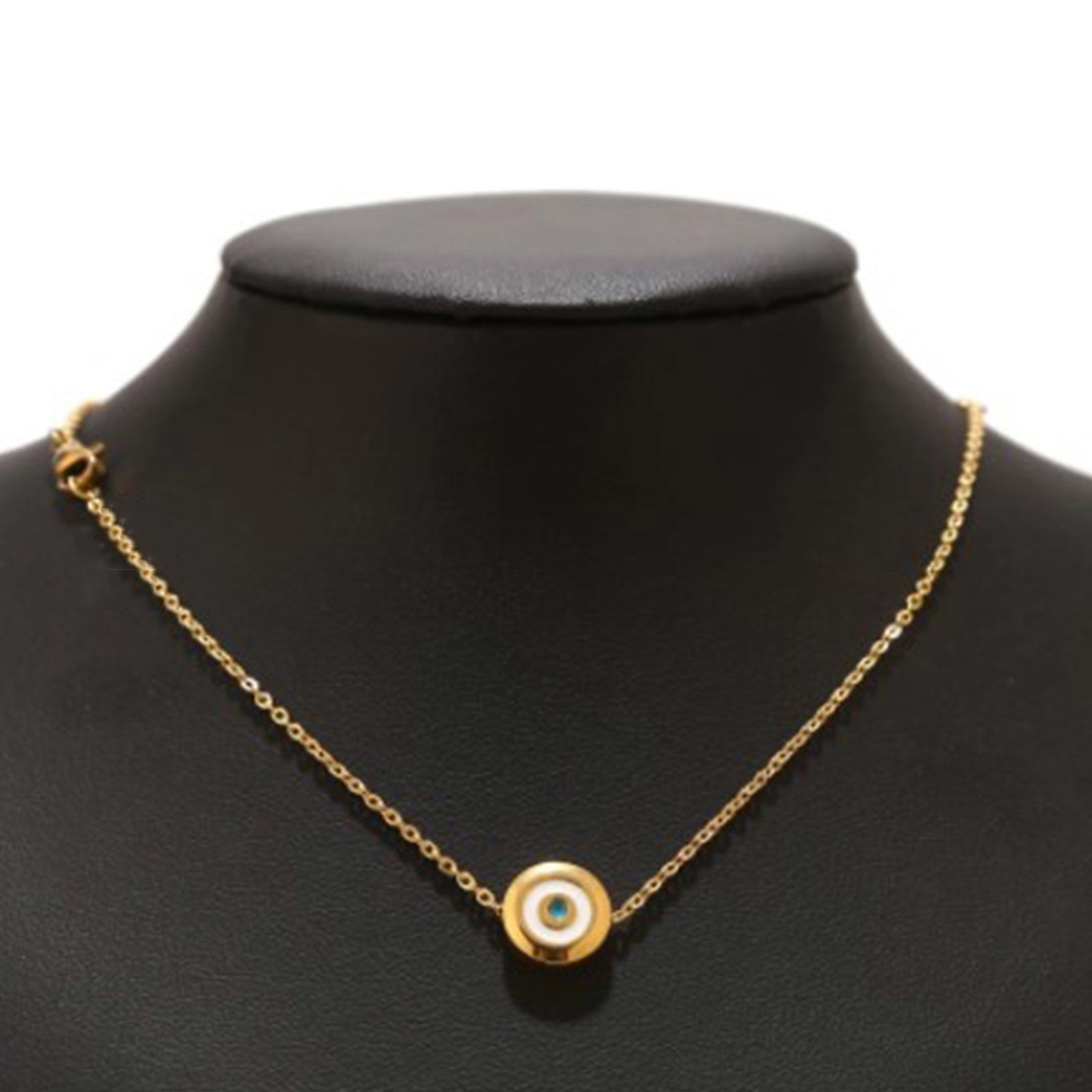 Picture of 304 Stainless Steel Beads Flat Round White & Blue Evil Eye Enamel 11mm Dia.