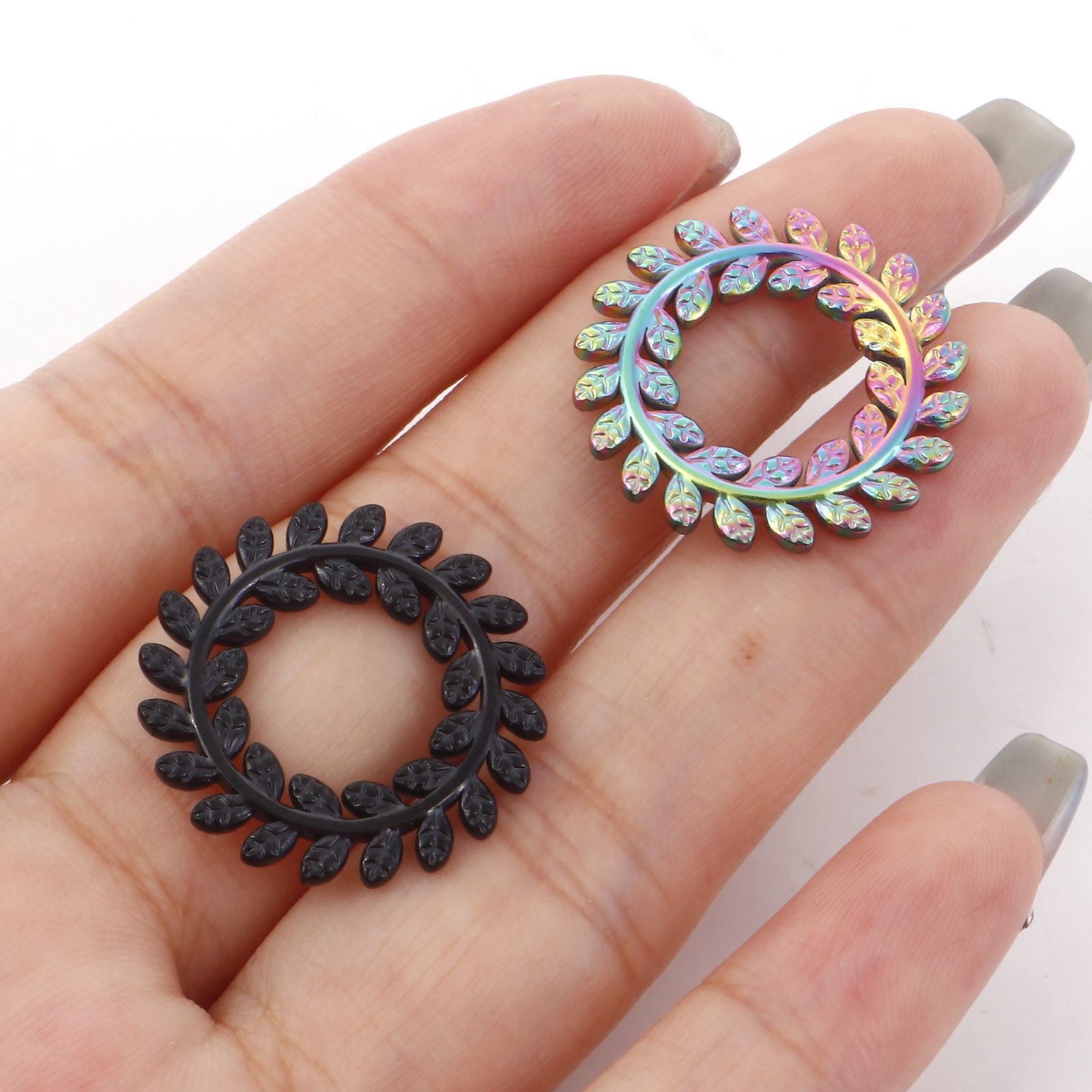 Picture of 304 Stainless Steel Charms Multicolor Circle Ring Leaf 22mm Dia.