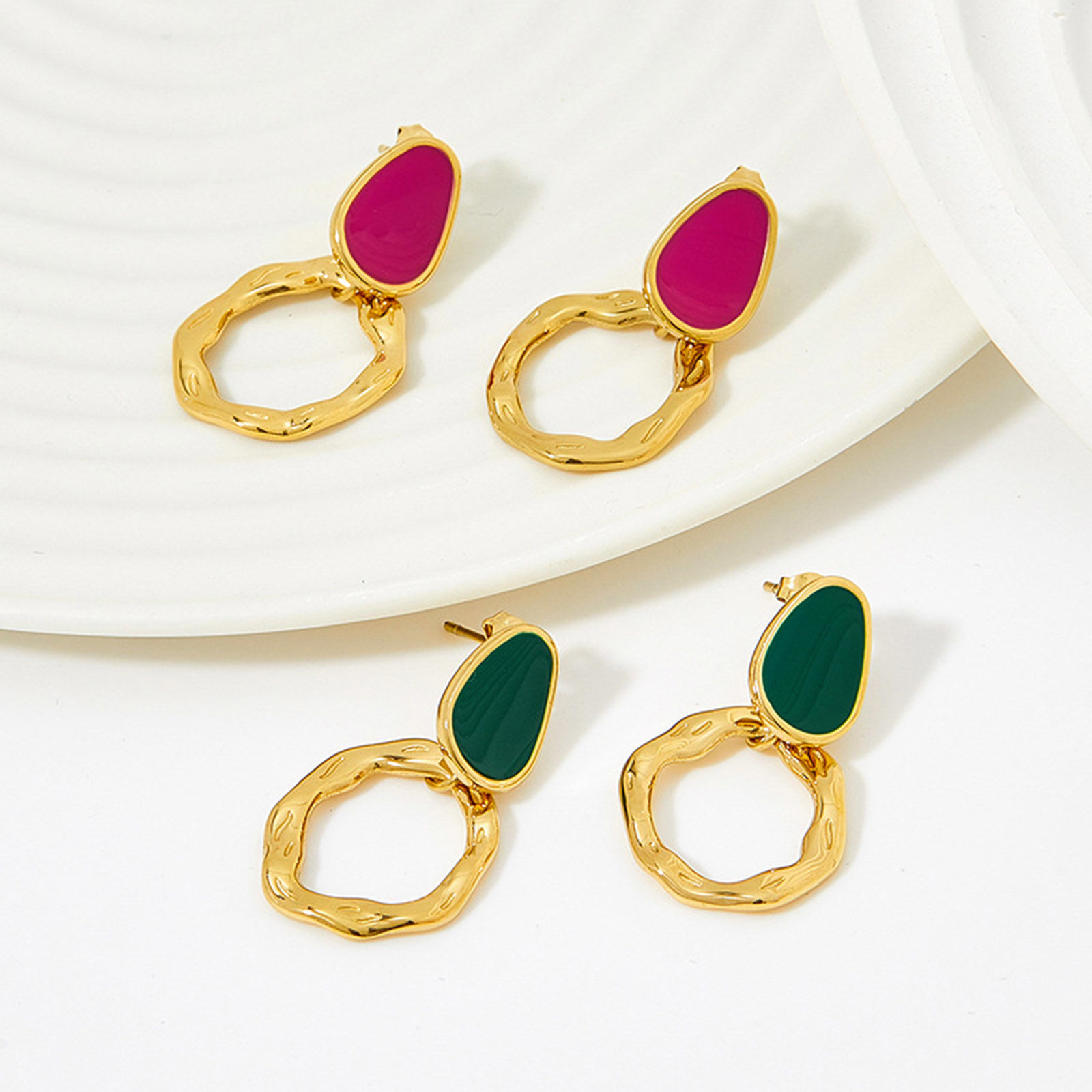 Picture of Eco-friendly Stylish Retro 14K Real Gold Plated 304 Stainless Steel Irregular Circle Ring Enamel Earrings For Women