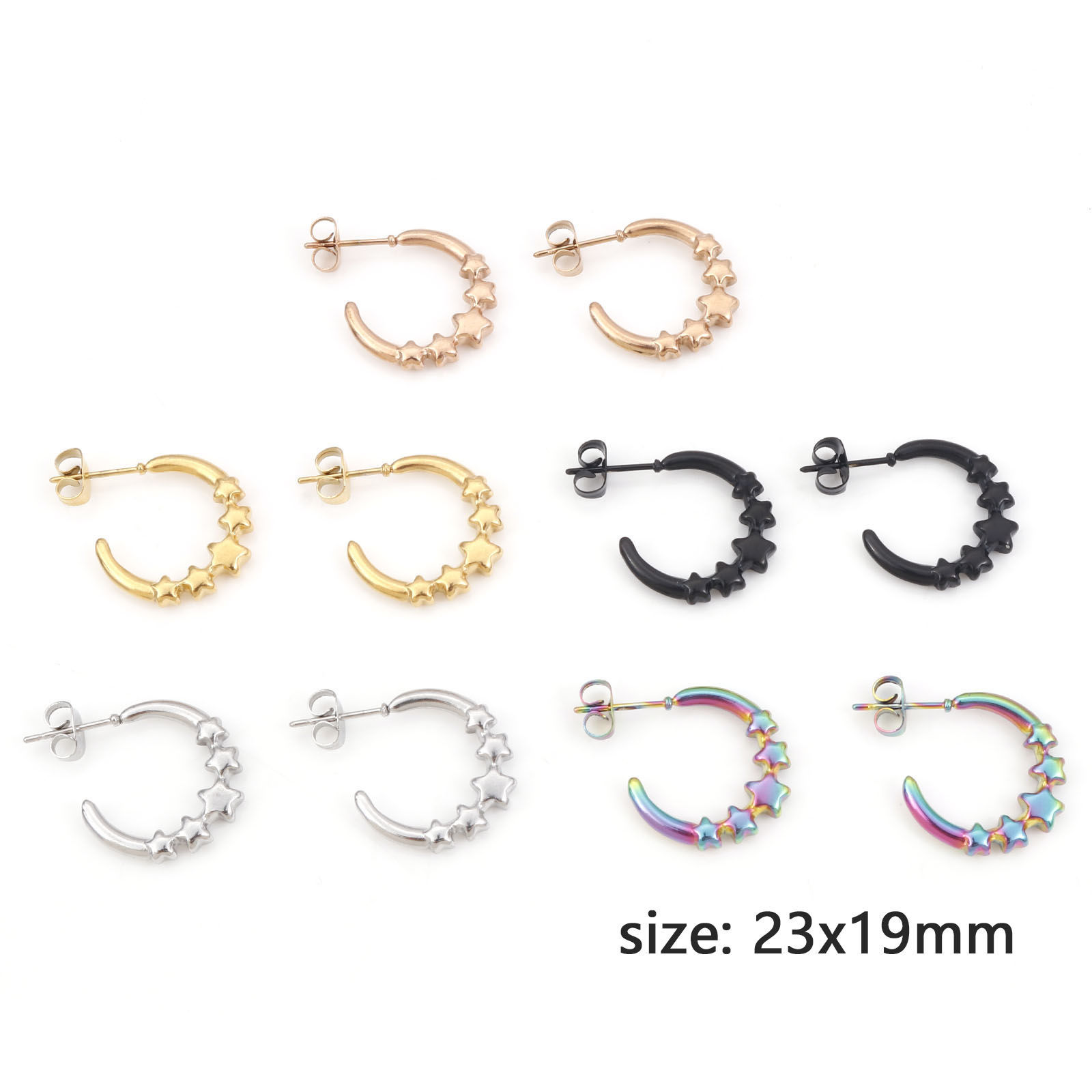 316ステンレス鋼 フープピアス C字状 スター 23mm x 19mm、 ワイヤーサイズ: （20号）、 1 ペア の画像