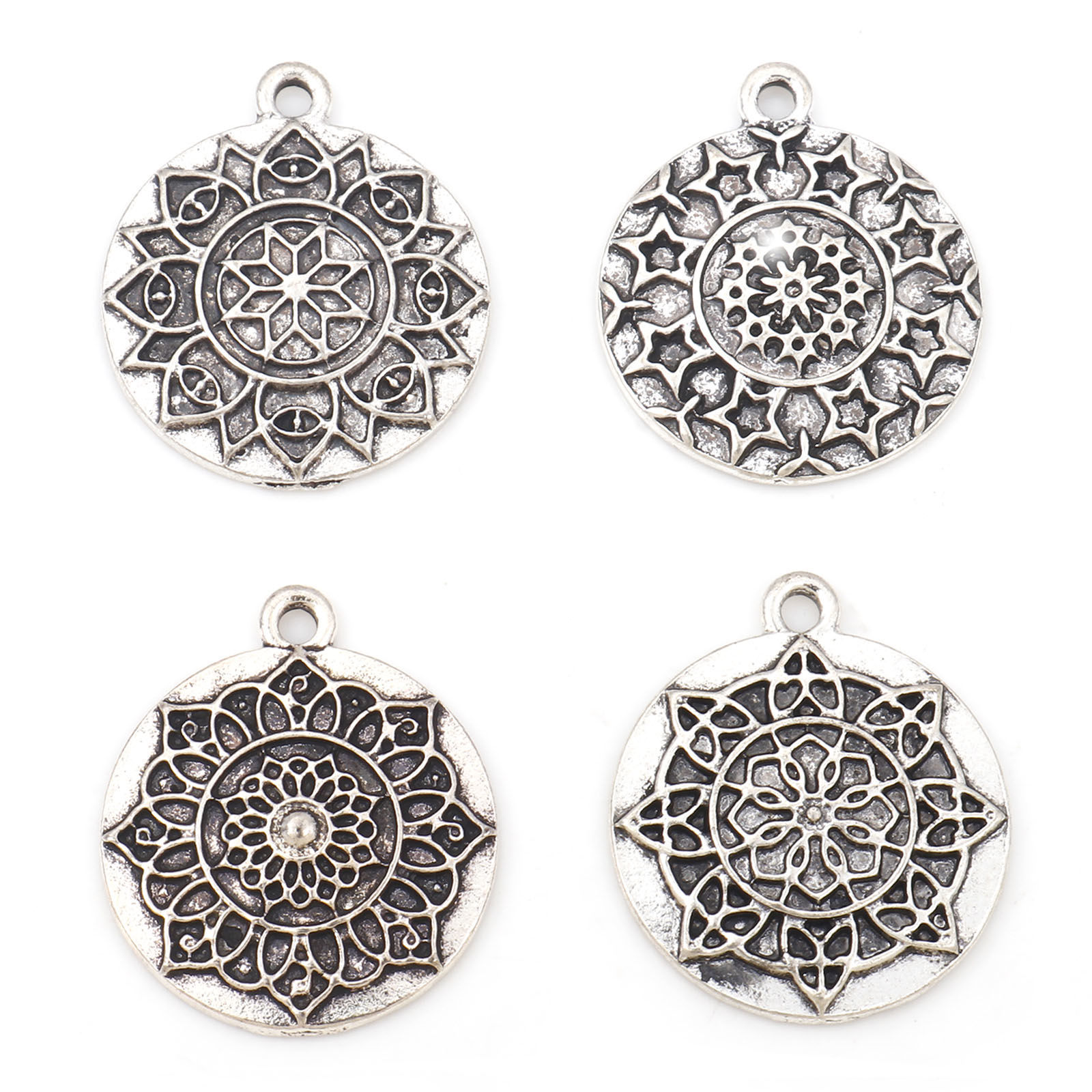 亜鉛合金 宗教 チャーム 円形 銀古美 生命の花彫刻 25mm x 21mm、 10 個 の画像