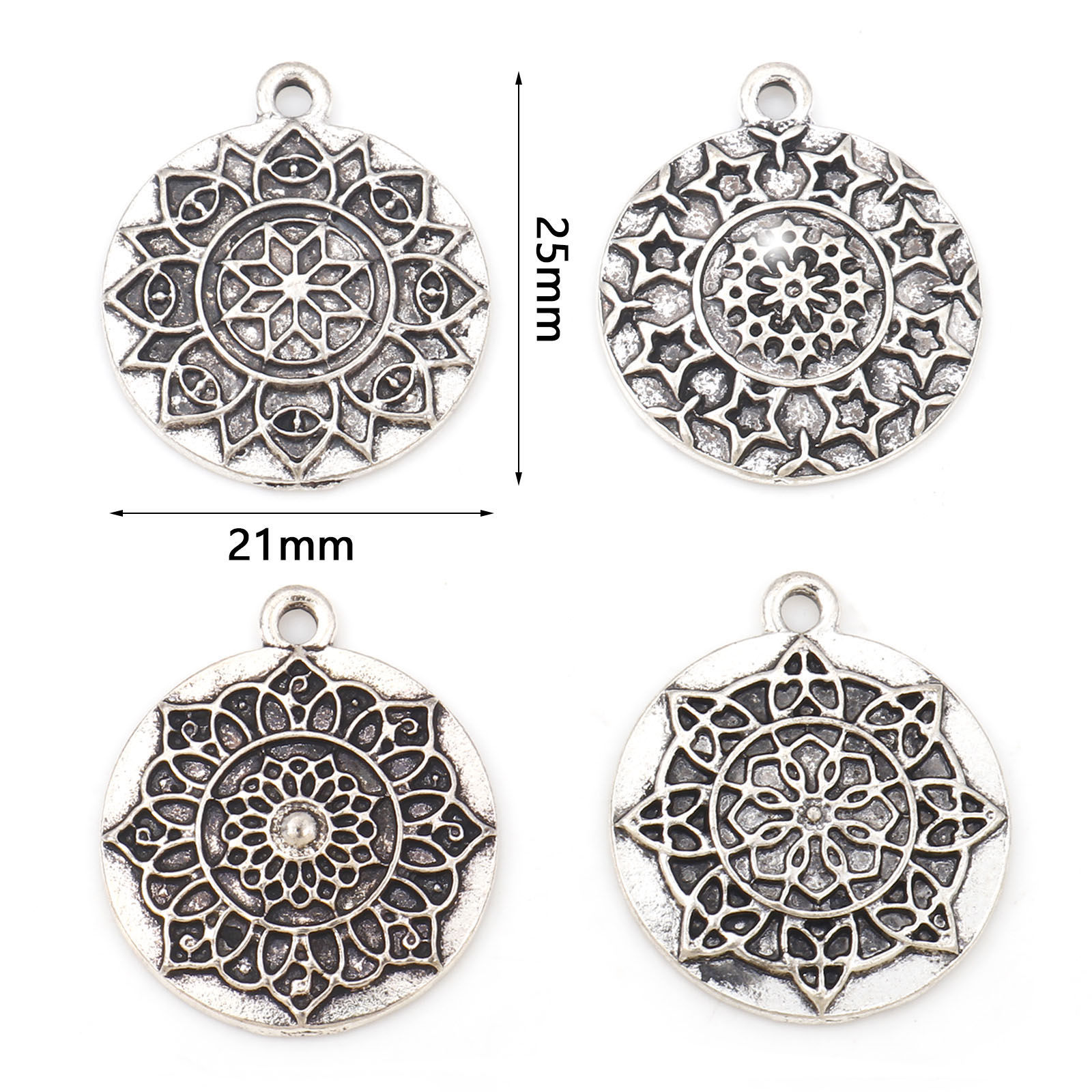 亜鉛合金 宗教 チャーム 円形 銀古美 生命の花彫刻 25mm x 21mm、 10 個 の画像