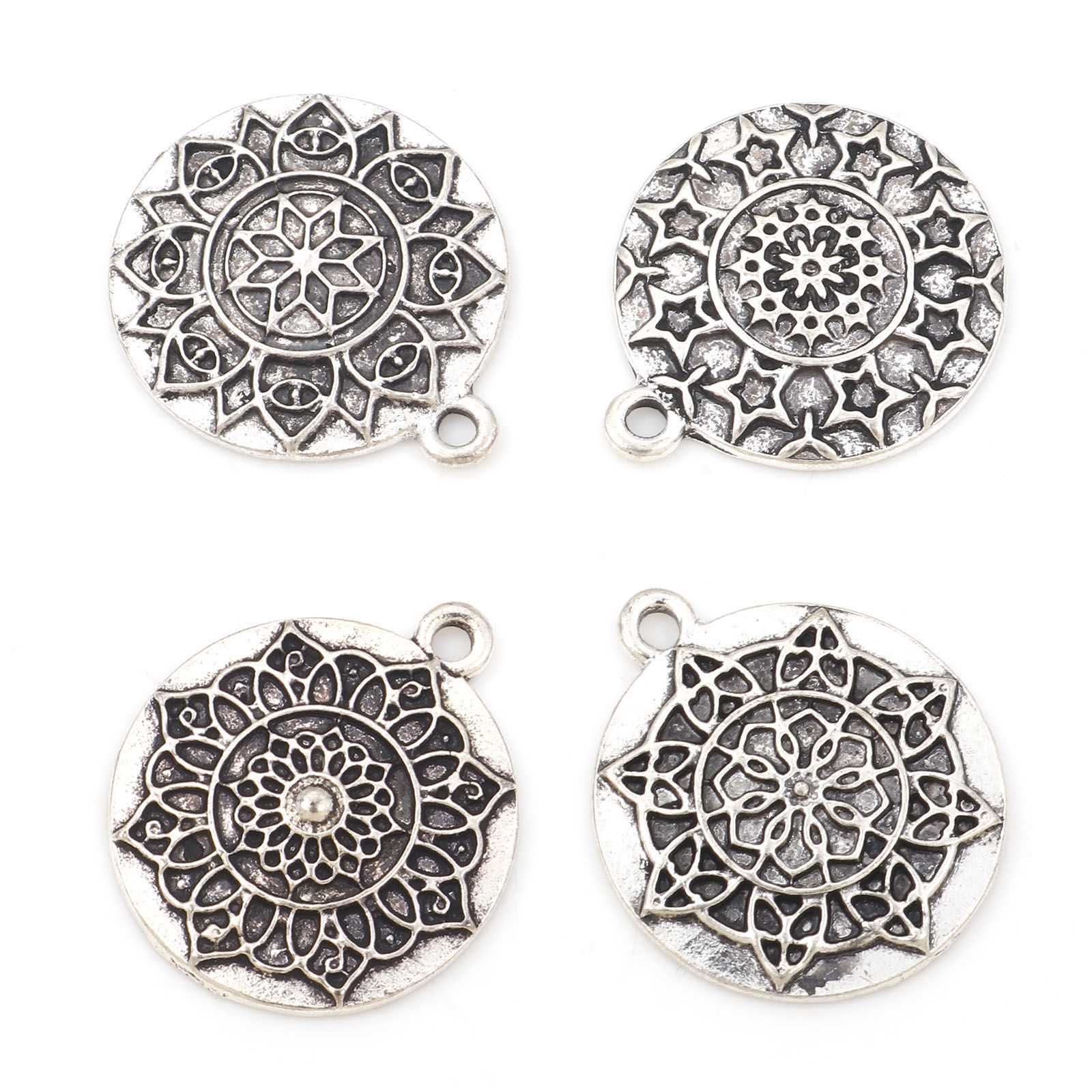 亜鉛合金 宗教 チャーム 円形 銀古美 生命の花彫刻 25mm x 21mm、 10 個 の画像