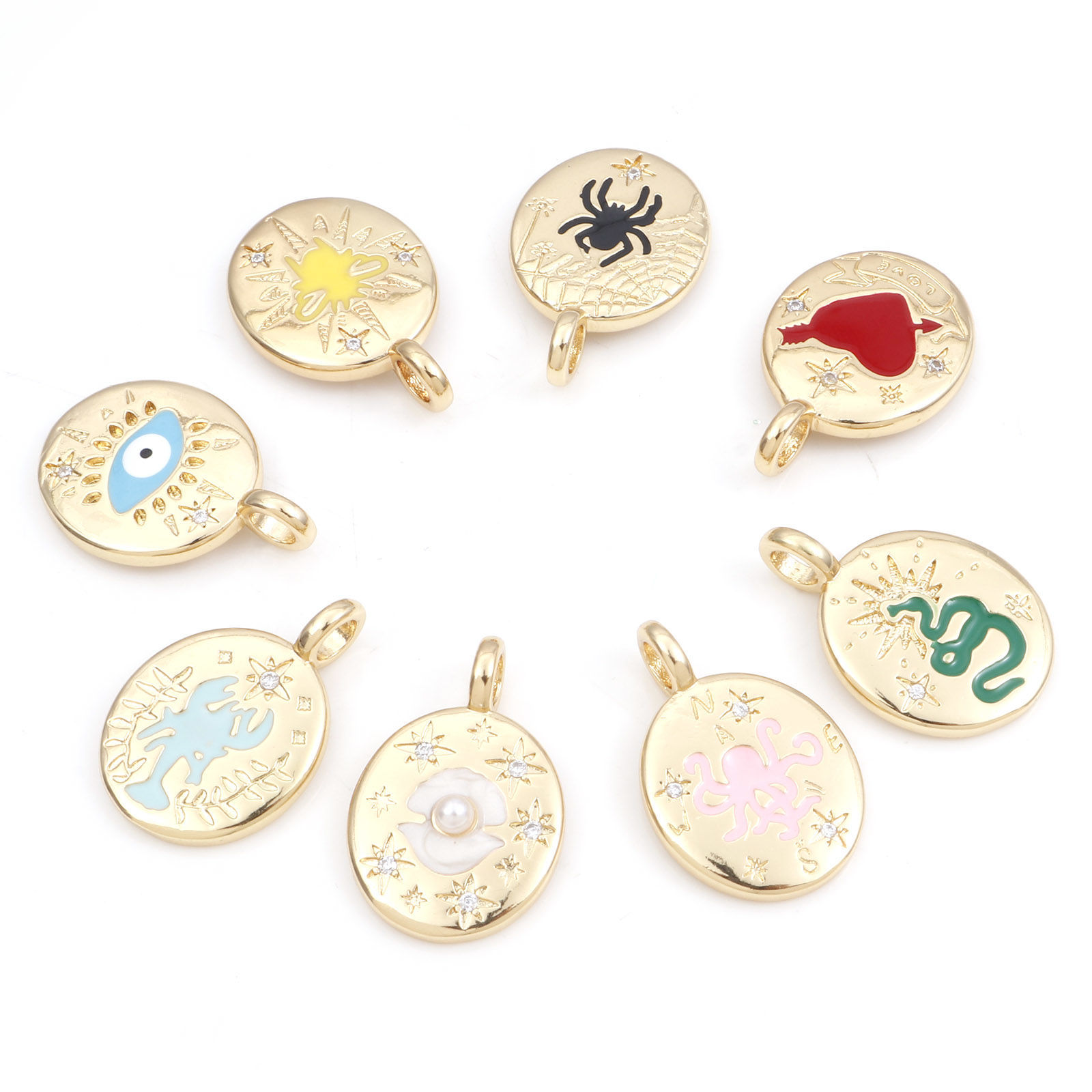 Bild von 1 Stück Messing Charms 18K Echtgold plattiert Bunt Oval Emaille Klar Zirkonia 25mm x 17mm