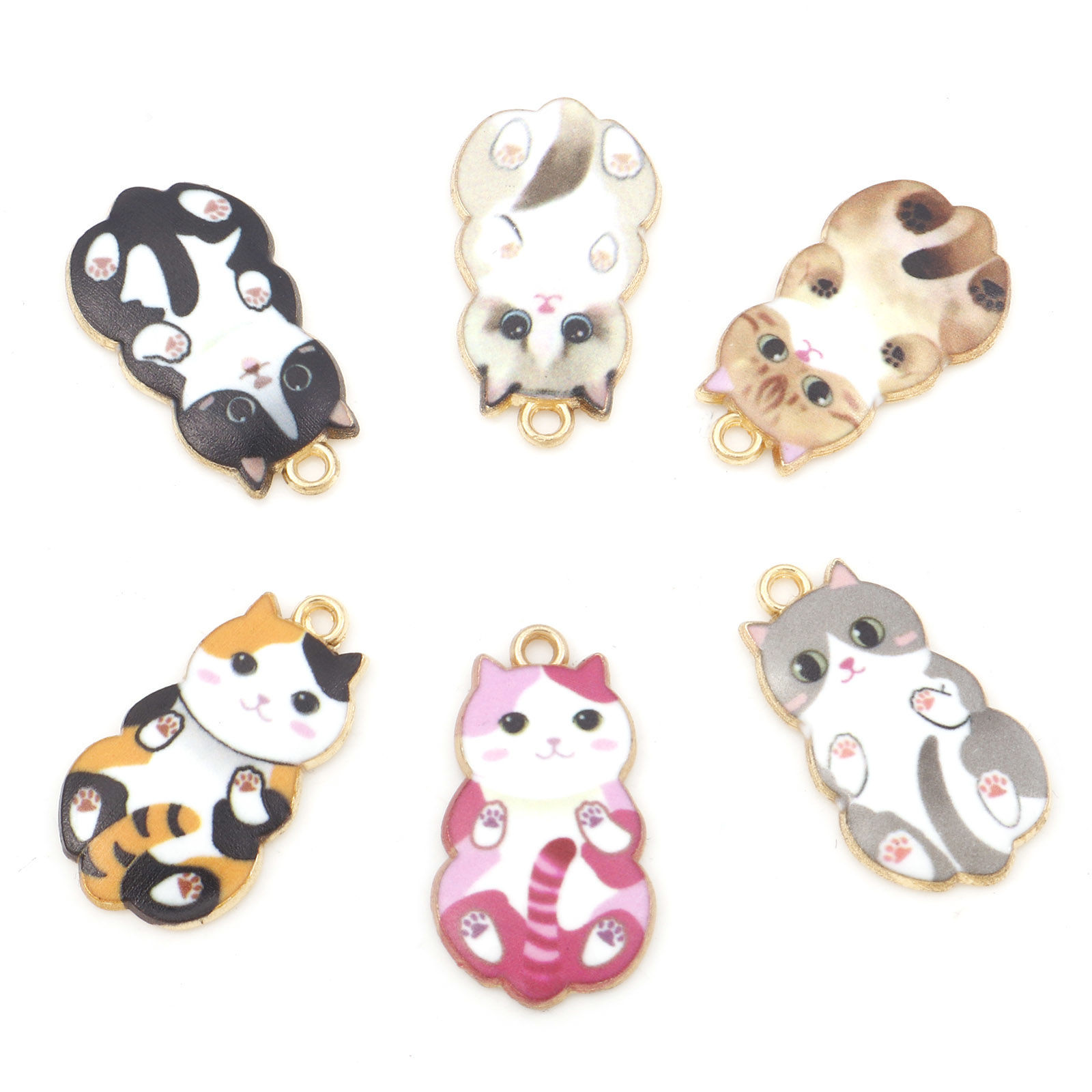 Bild von Zinklegierung Charms Katze Vergoldet Bunt Emaille 25mm x 14mm, 10 Stück