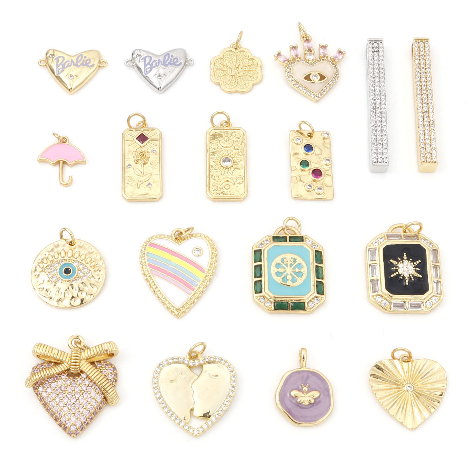 Picture of Brass Valentine's Day Charms Gold Plated Flower Leaves Bee Enamel Clear Cubic Zirconia