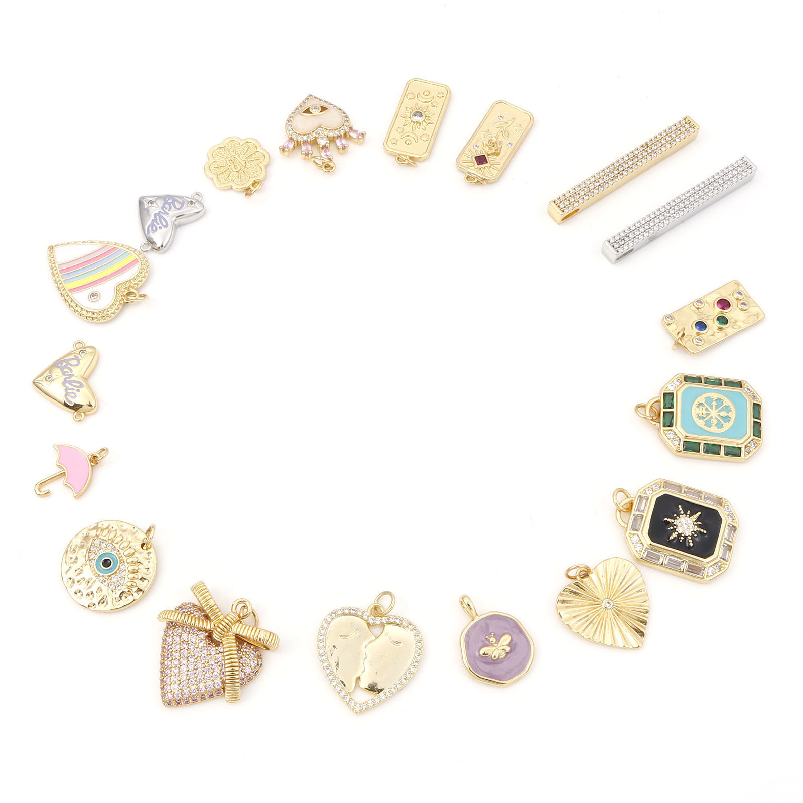 Picture of Brass Valentine's Day Charms Gold Plated Flower Leaves Bee Enamel Clear Cubic Zirconia