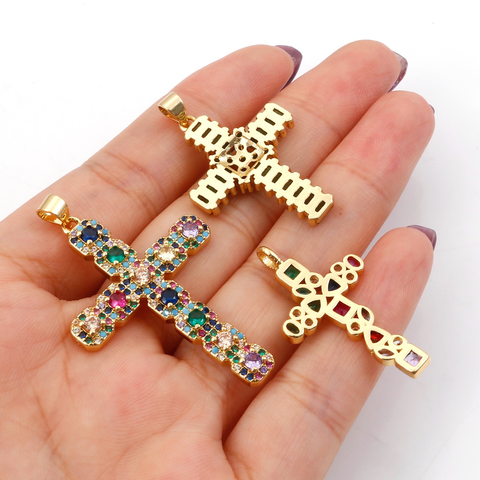 Picture of Brass Religious Pendants Gold Plated Cross Micro Pave Multicolour Cubic Zirconia