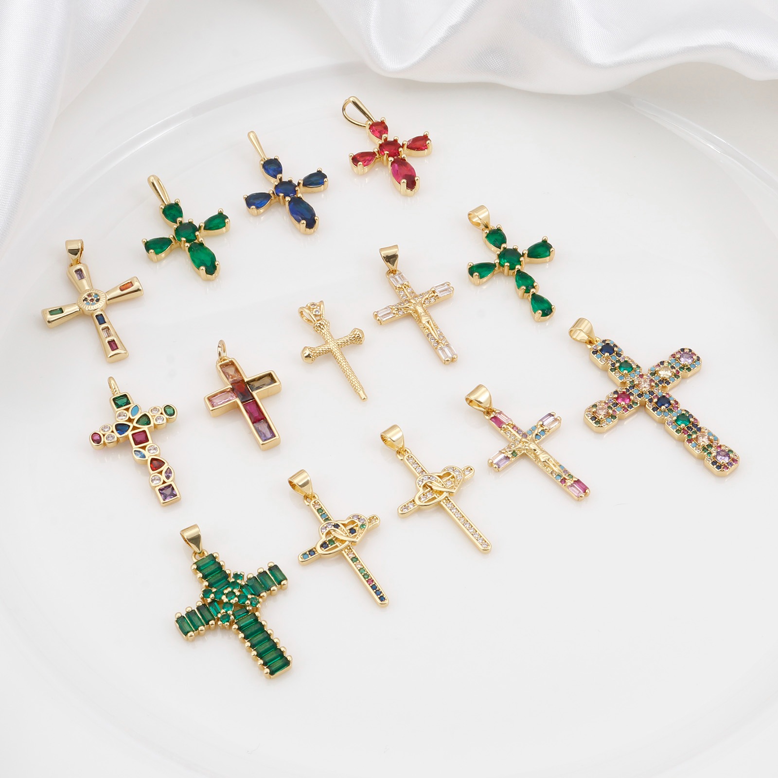 Picture of Brass Religious Pendants Gold Plated Cross Micro Pave Multicolour Cubic Zirconia