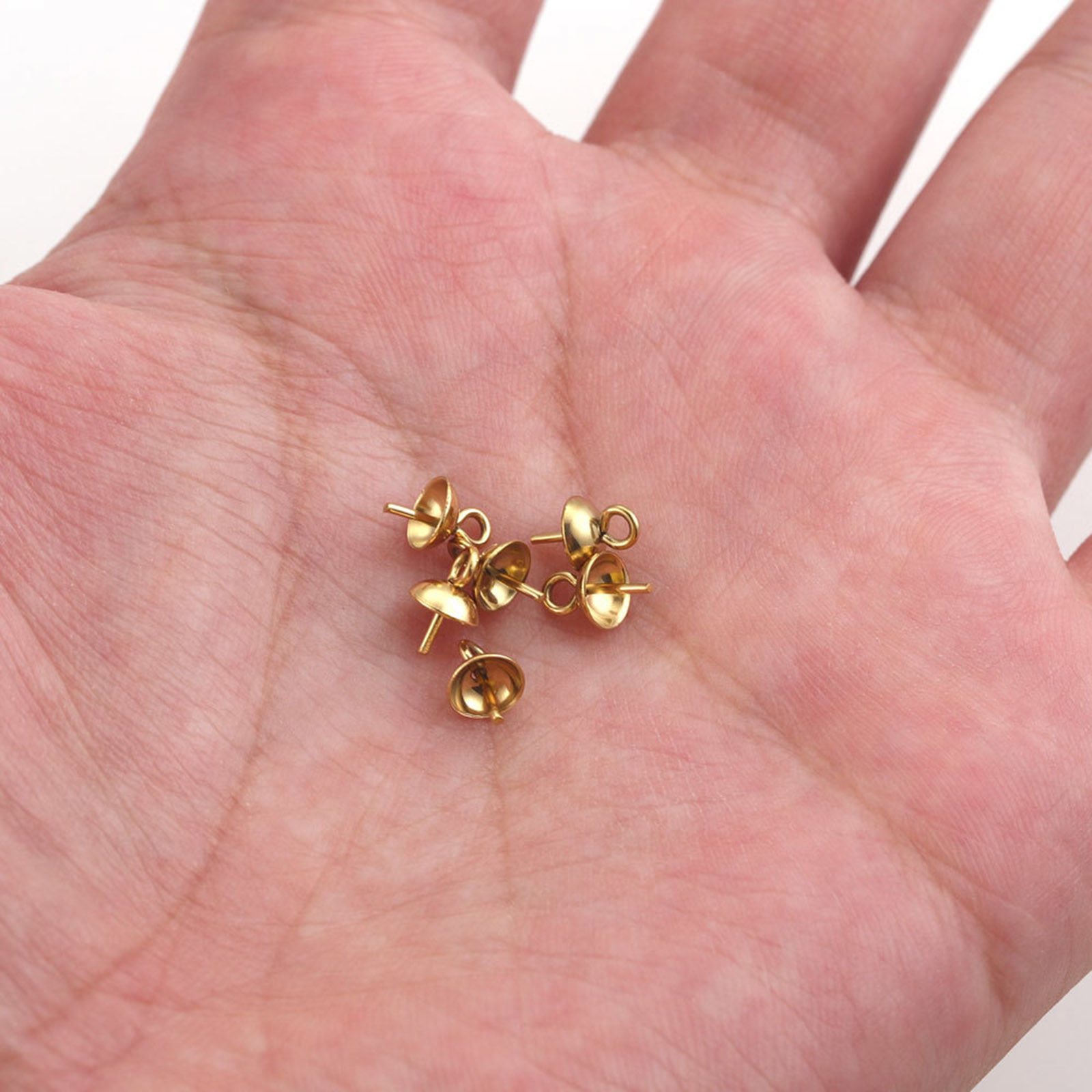 Изображение 304 Нержавеющая Сталь Шкентеля Перлы Разъем Бейл Pin Кубок Cap Позолоченный 10 ШТ