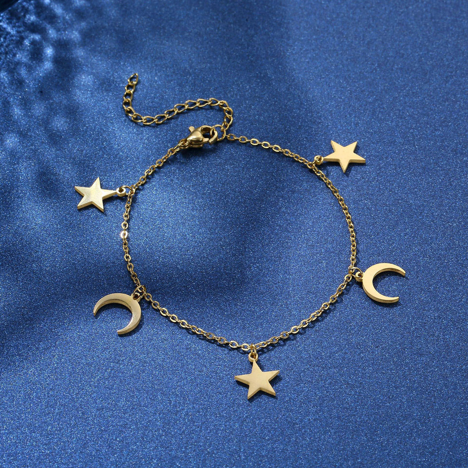 Picture of 304 Stainless Steel Stylish Link Cable Chain Bracelets Gold Plated Star Moon 17cm(6 6/8") long