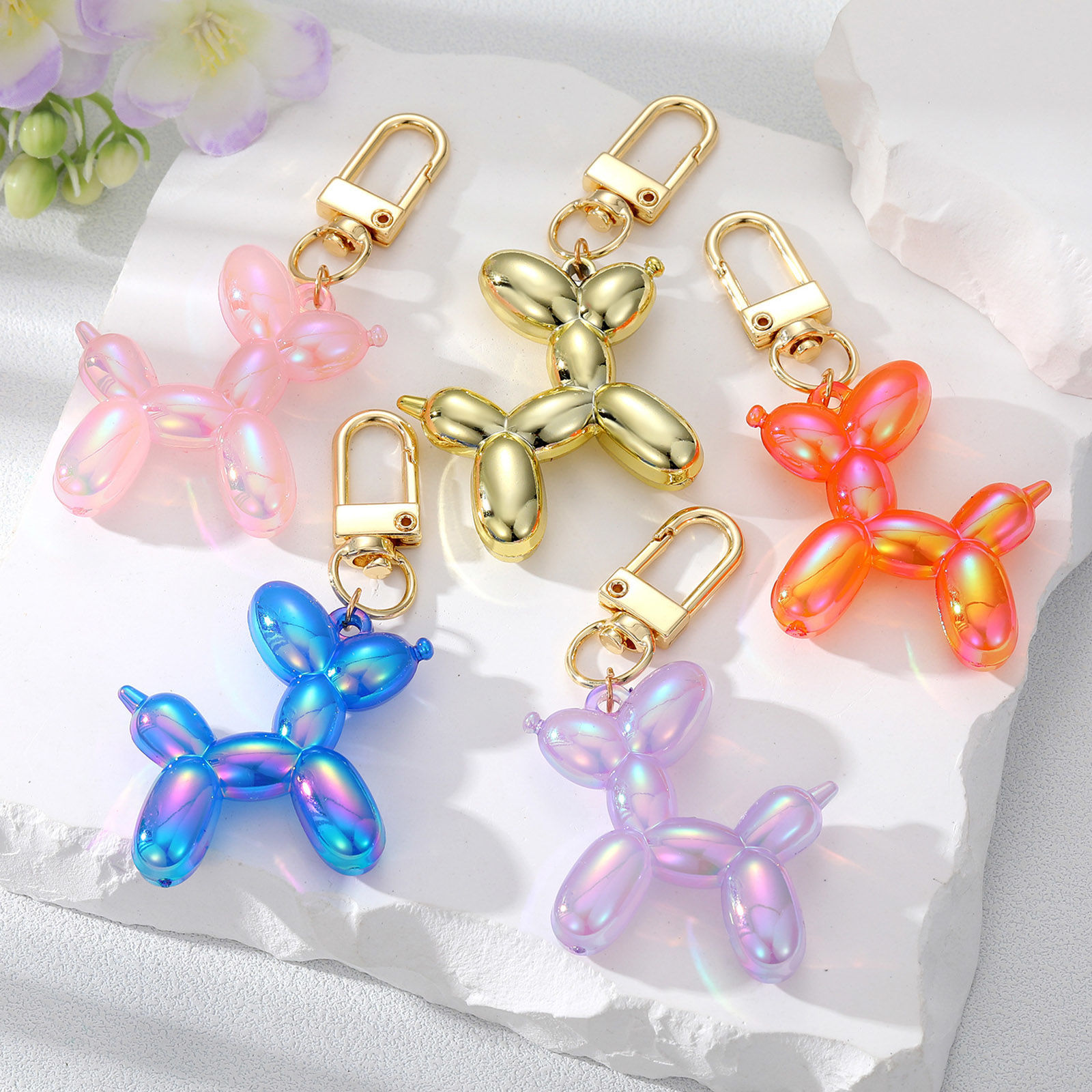 Picture of Resin Stylish Keychain & Keyring Gold Plated Multicolor Balloon Dog Laser