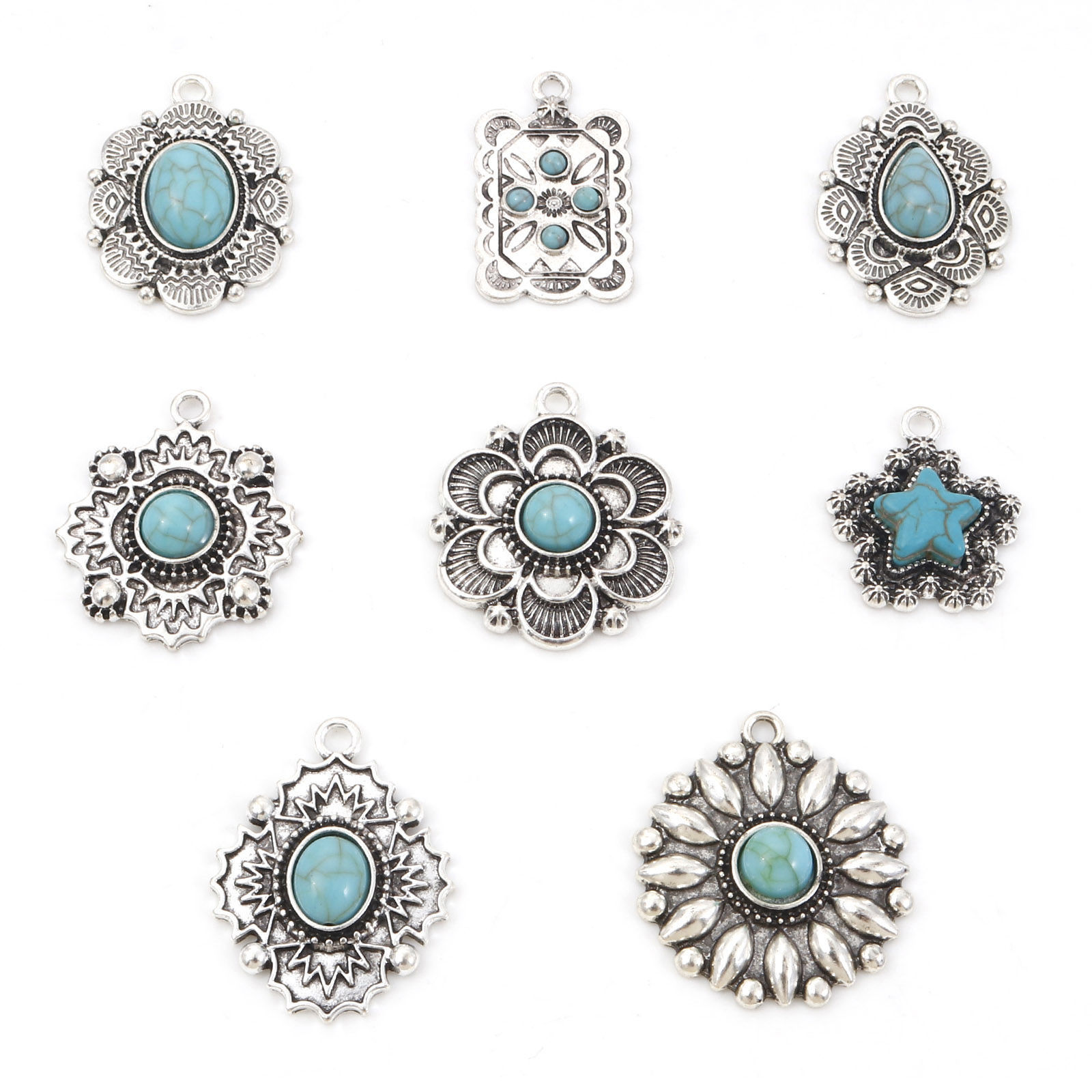 Picture of Zinc Based Alloy Boho Chic Bohemia Pendants Antique Silver Color Green Blue Carved Pattern With Resin Cabochons Imitation Turquoise