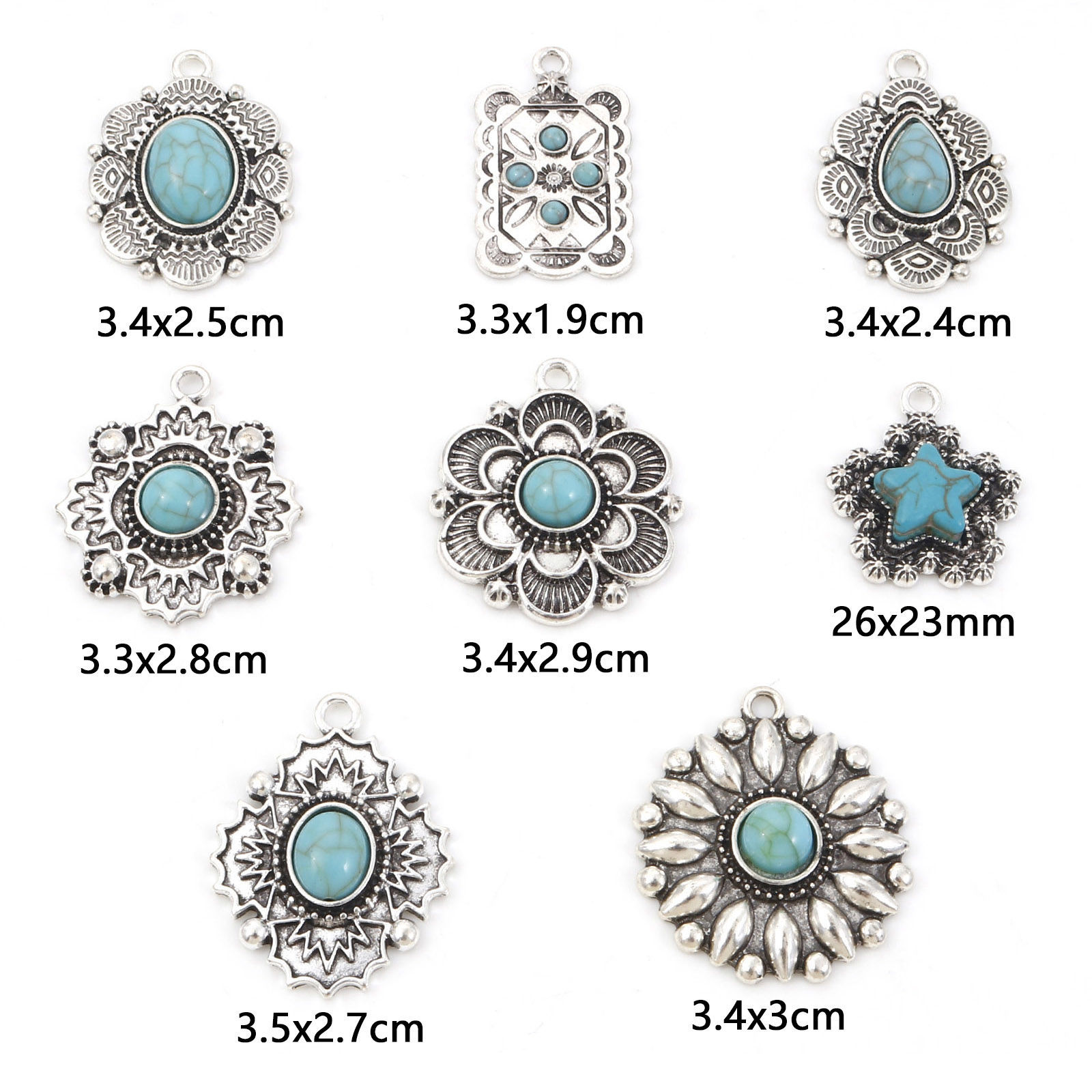 Picture of Zinc Based Alloy Boho Chic Bohemia Pendants Antique Silver Color Green Blue Carved Pattern With Resin Cabochons Imitation Turquoise