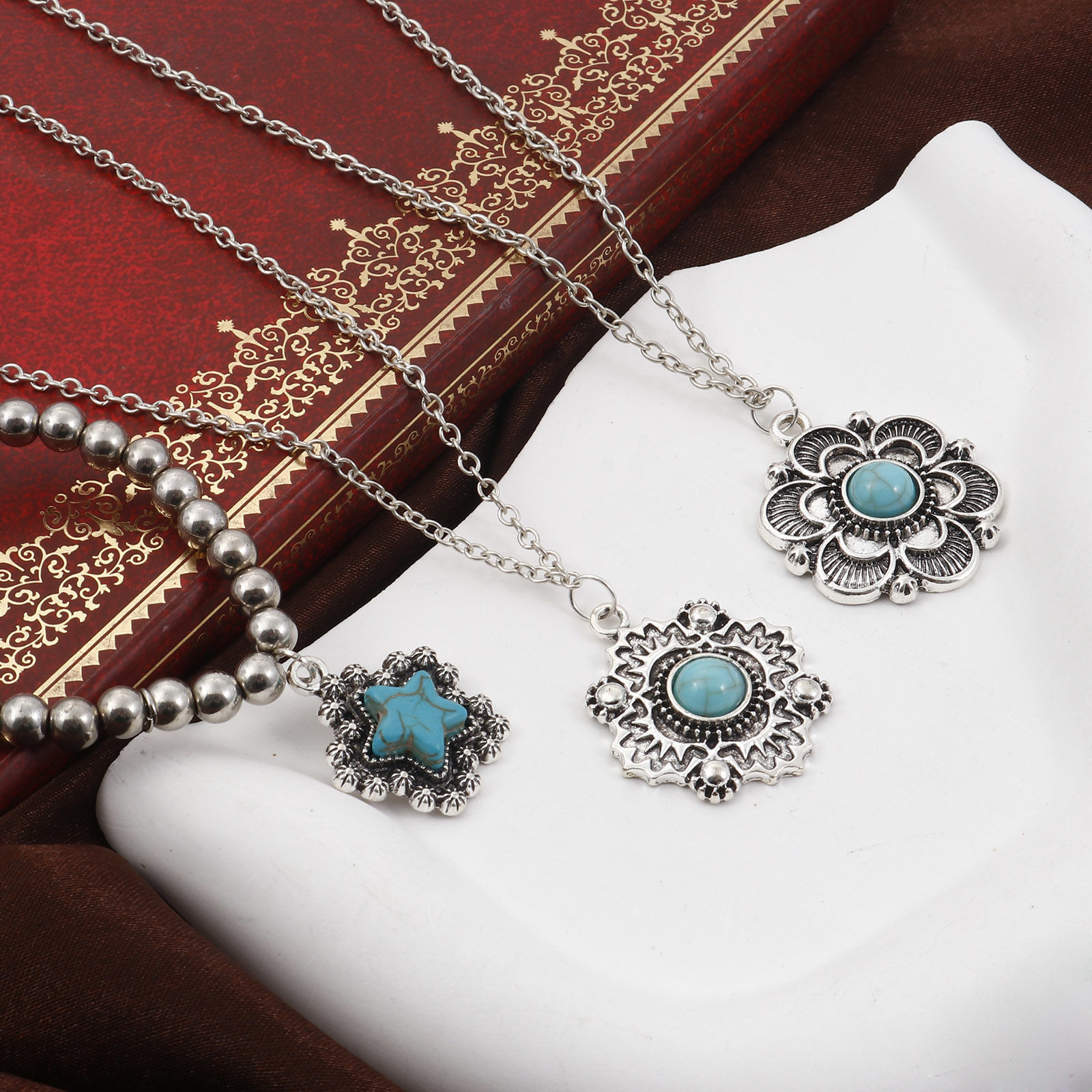 Picture of Zinc Based Alloy Boho Chic Bohemia Pendants Antique Silver Color Green Blue Carved Pattern With Resin Cabochons Imitation Turquoise