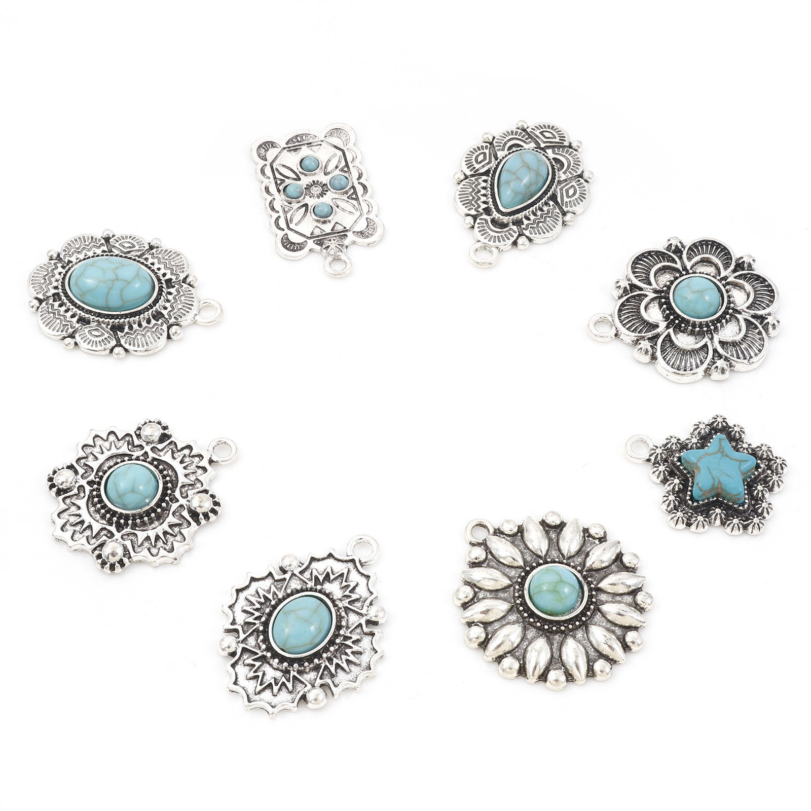 Picture of Zinc Based Alloy Boho Chic Bohemia Pendants Antique Silver Color Green Blue Carved Pattern With Resin Cabochons Imitation Turquoise