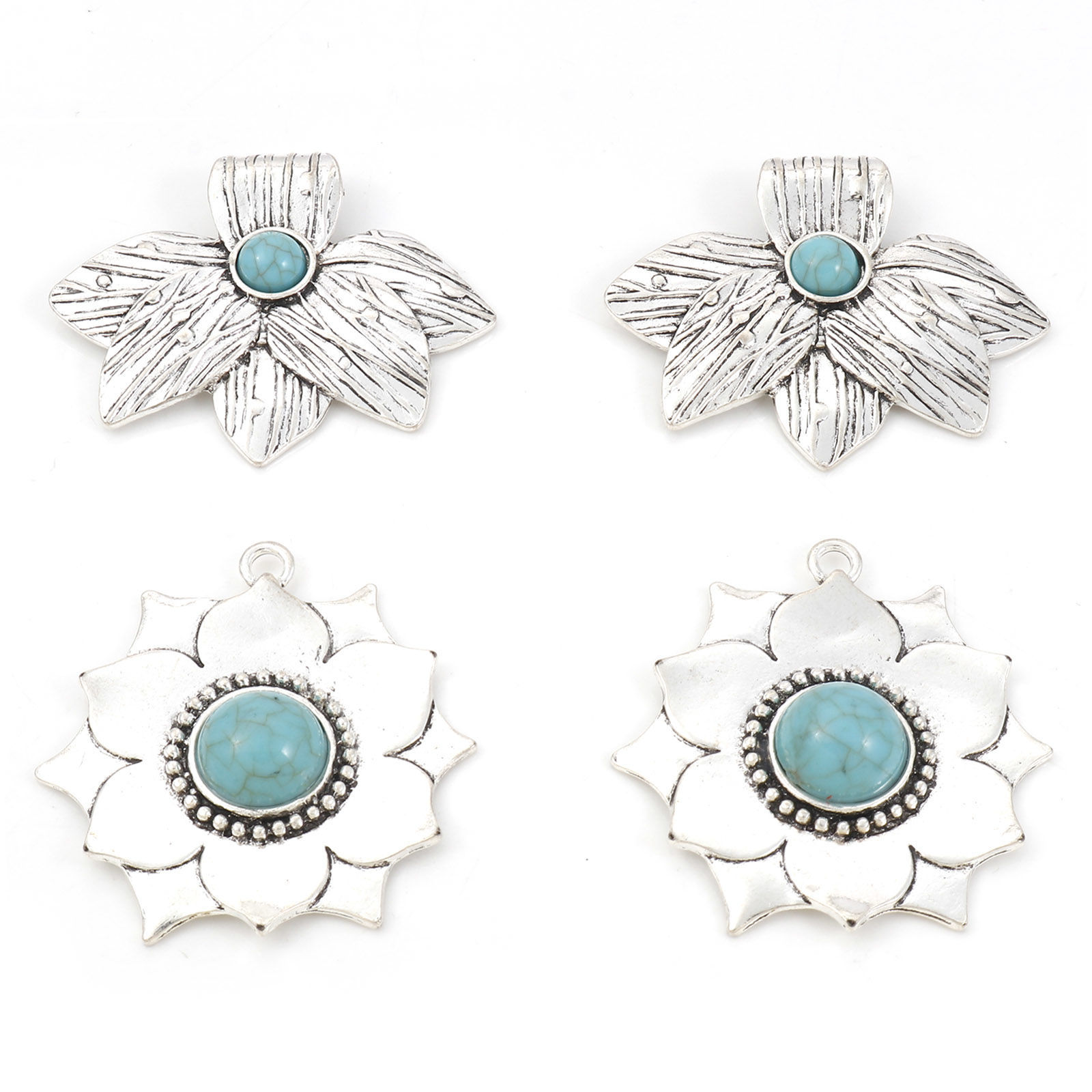Picture of Zinc Based Alloy Boho Chic Bohemia Pendants Antique Silver Color Green Blue Flower Leaves With Resin Cabochons Imitation Turquoise