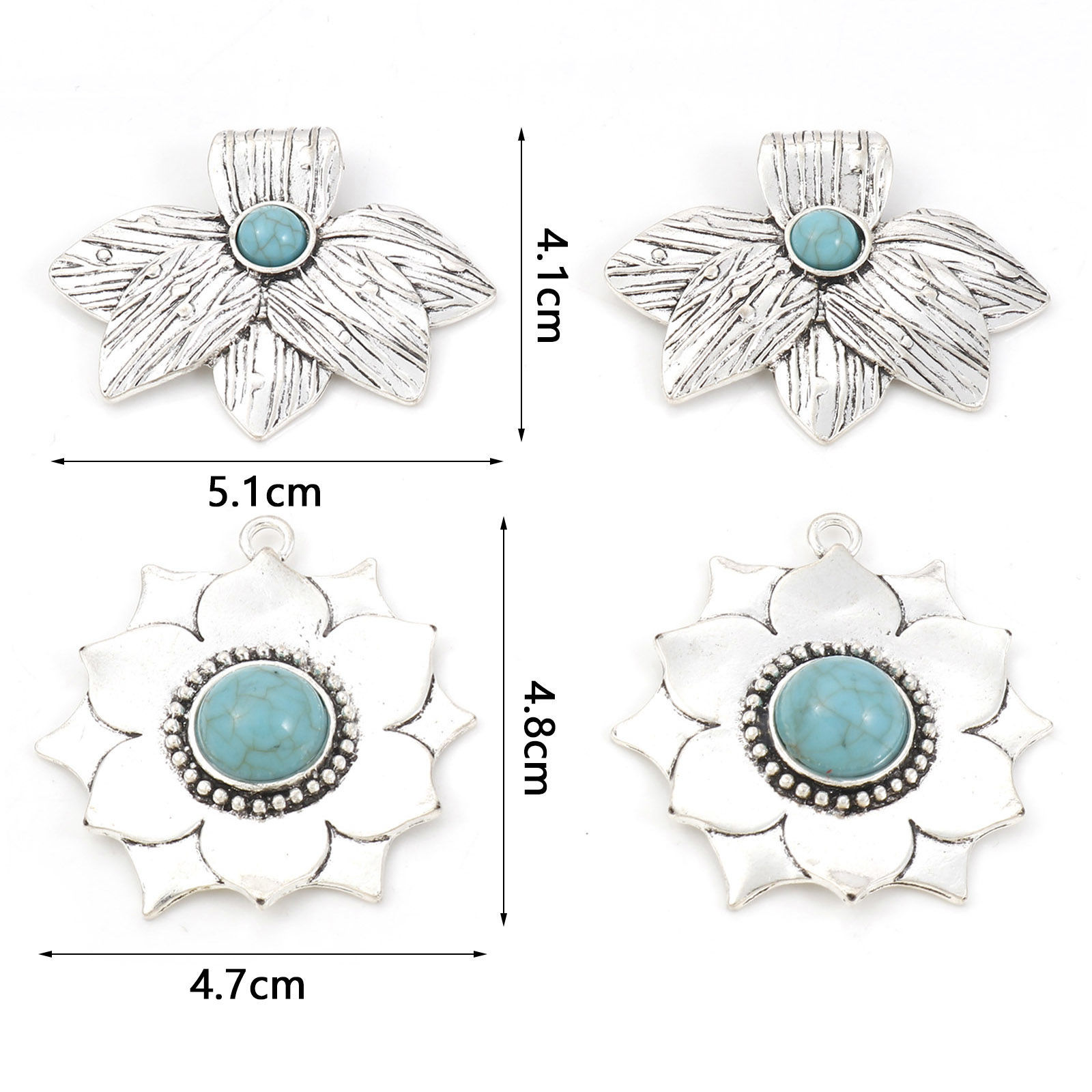 Picture of Zinc Based Alloy Boho Chic Bohemia Pendants Antique Silver Color Green Blue Flower Leaves With Resin Cabochons Imitation Turquoise