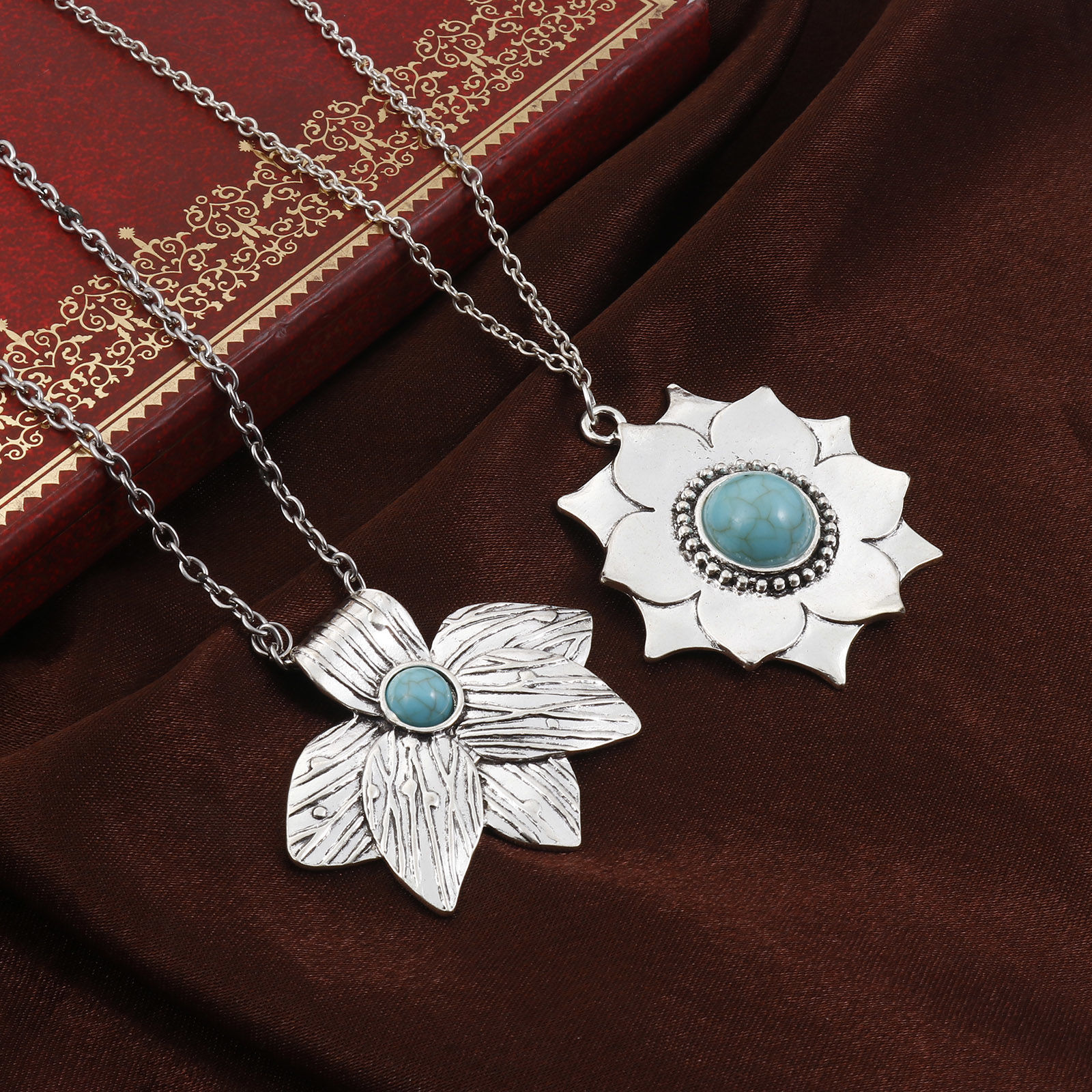 Picture of Zinc Based Alloy Boho Chic Bohemia Pendants Antique Silver Color Green Blue Flower Leaves With Resin Cabochons Imitation Turquoise