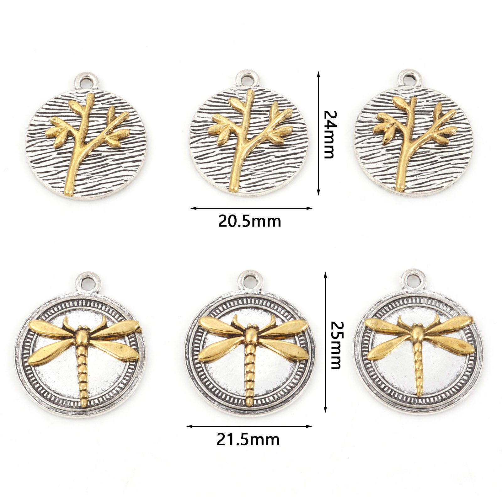 Picture of Zinc Based Alloy Disc Charms Gold Tone Antique Gold & Antique Silver Color Dragonfly Animal Tree