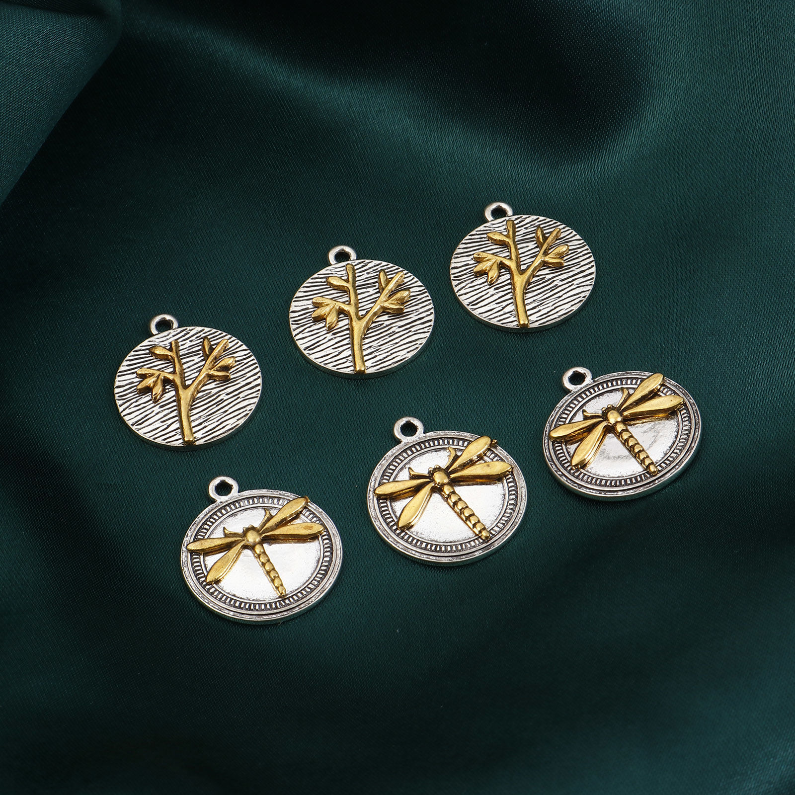 Picture of Zinc Based Alloy Disc Charms Gold Tone Antique Gold & Antique Silver Color Dragonfly Animal Tree