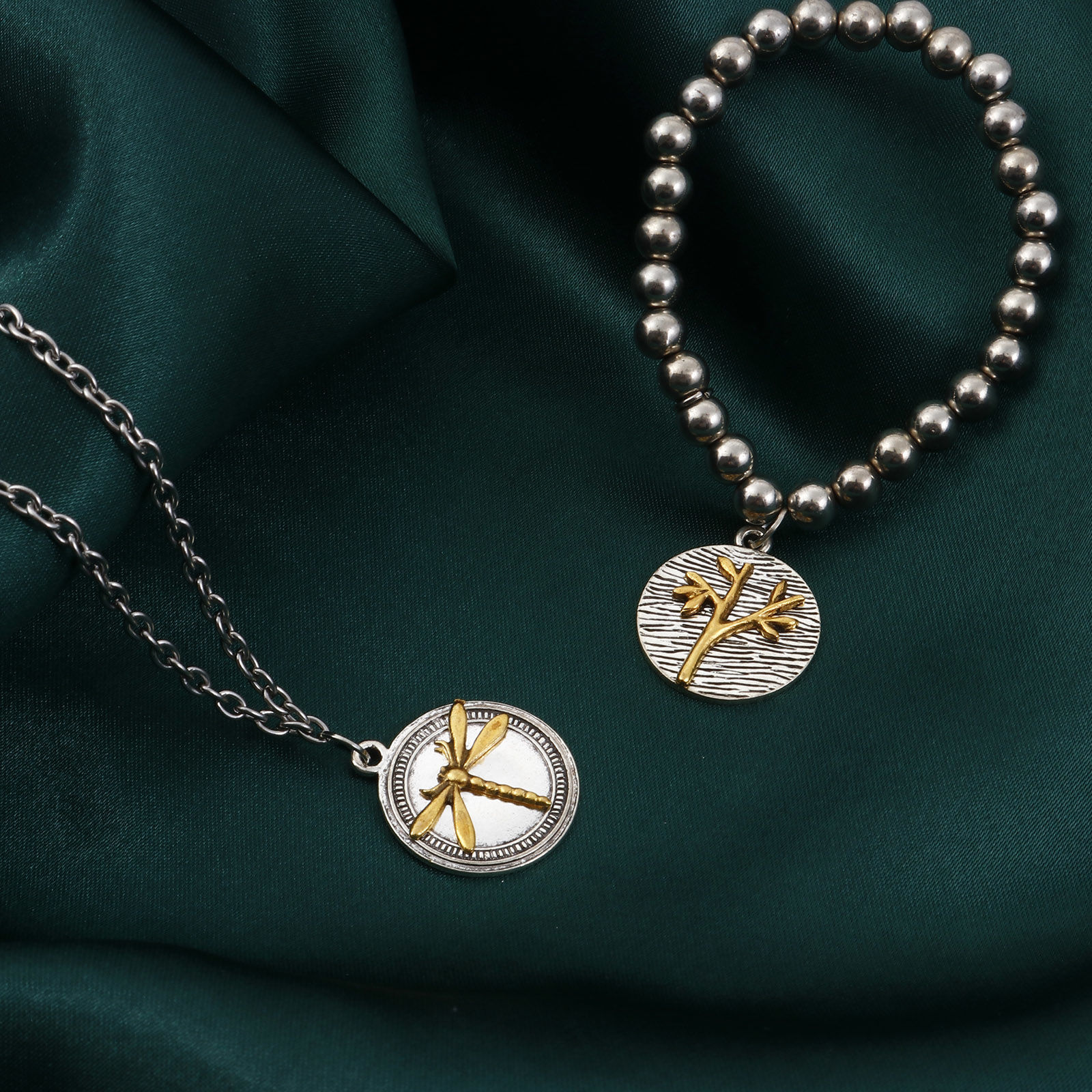 Picture of Zinc Based Alloy Disc Charms Gold Tone Antique Gold & Antique Silver Color Dragonfly Animal Tree