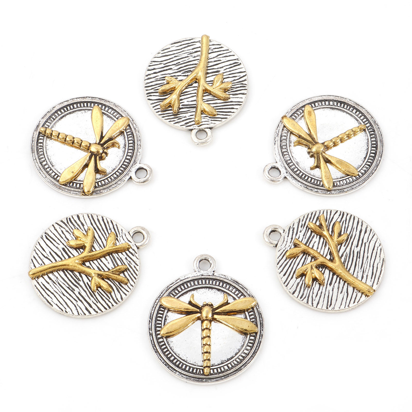 Picture of Zinc Based Alloy Disc Charms Gold Tone Antique Gold & Antique Silver Color Dragonfly Animal Tree